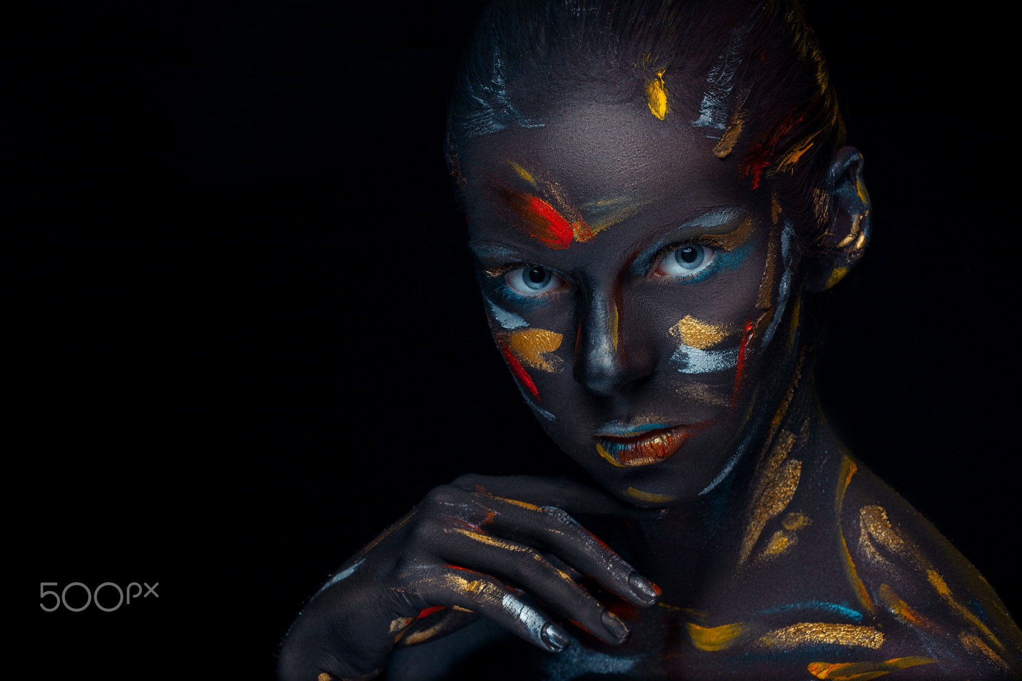portrait, make-up, Volodymyr Melnyk, body part, indoors, 1080P, women, colorful, one person, face paint, mystery, fantasy, young adult, stage make-up, HD Wallpaper