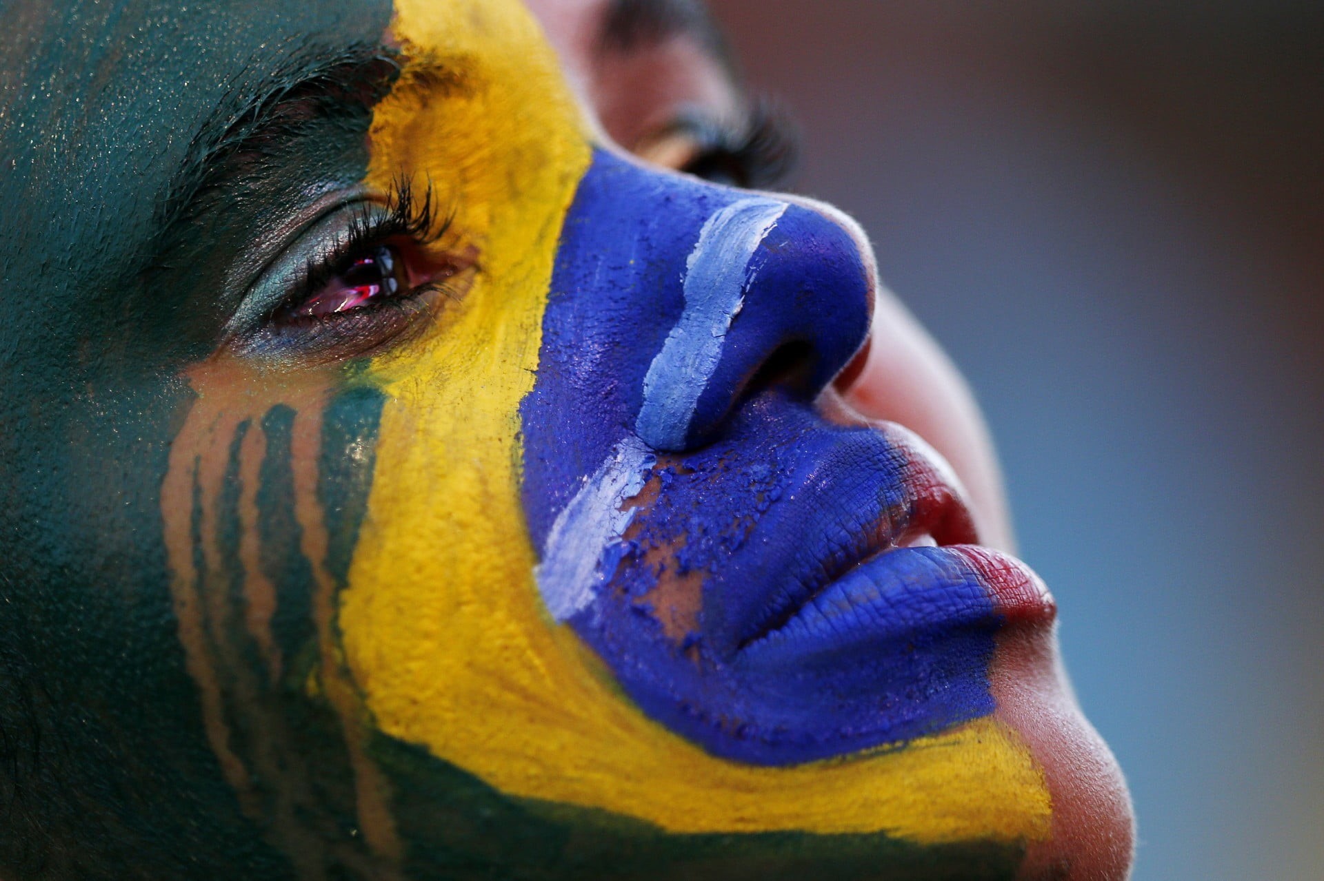 1080P, make-up, human body part, headshot, beautiful woman, face paint, yellow, body part, crying, looking away, fans, portrait, looking, human face, blue, HD Wallpaper