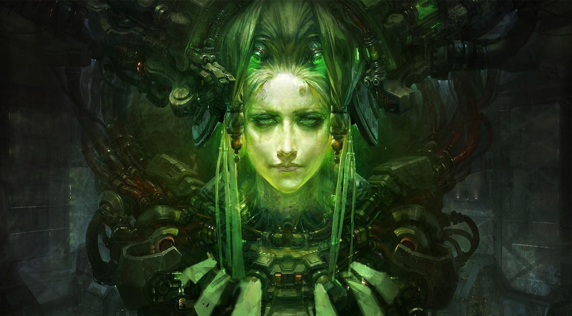 illuminated, science fiction, real people, waist up, front view, women, lighting equipment, young adult, green color, 1080P, teenager, young women, leisure activity, HD Wallpaper