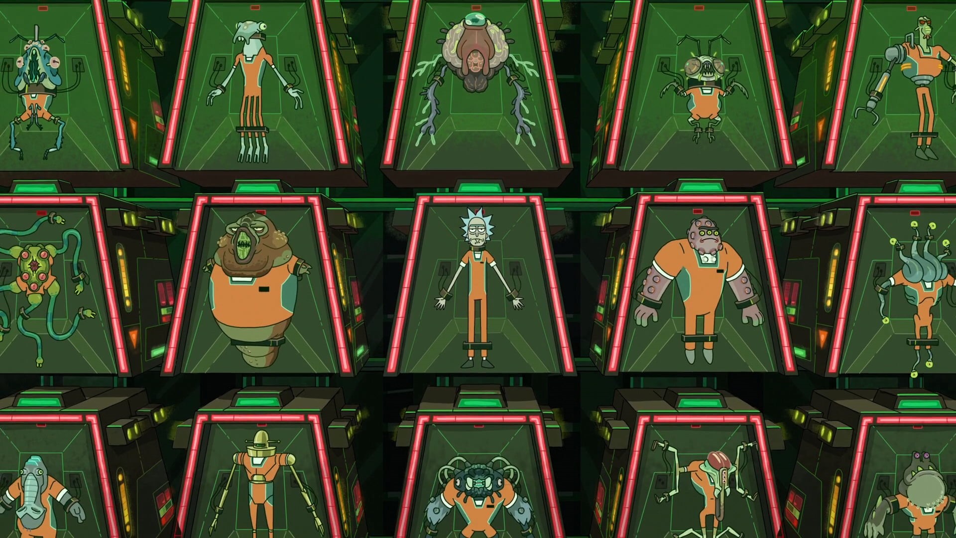 cartoon, no people, close-up, representation, arrangement, repetition, sport, Rick Sanchez, Rick and Morty, backgrounds, metal, pattern, 1080P, human representation, HD Wallpaper