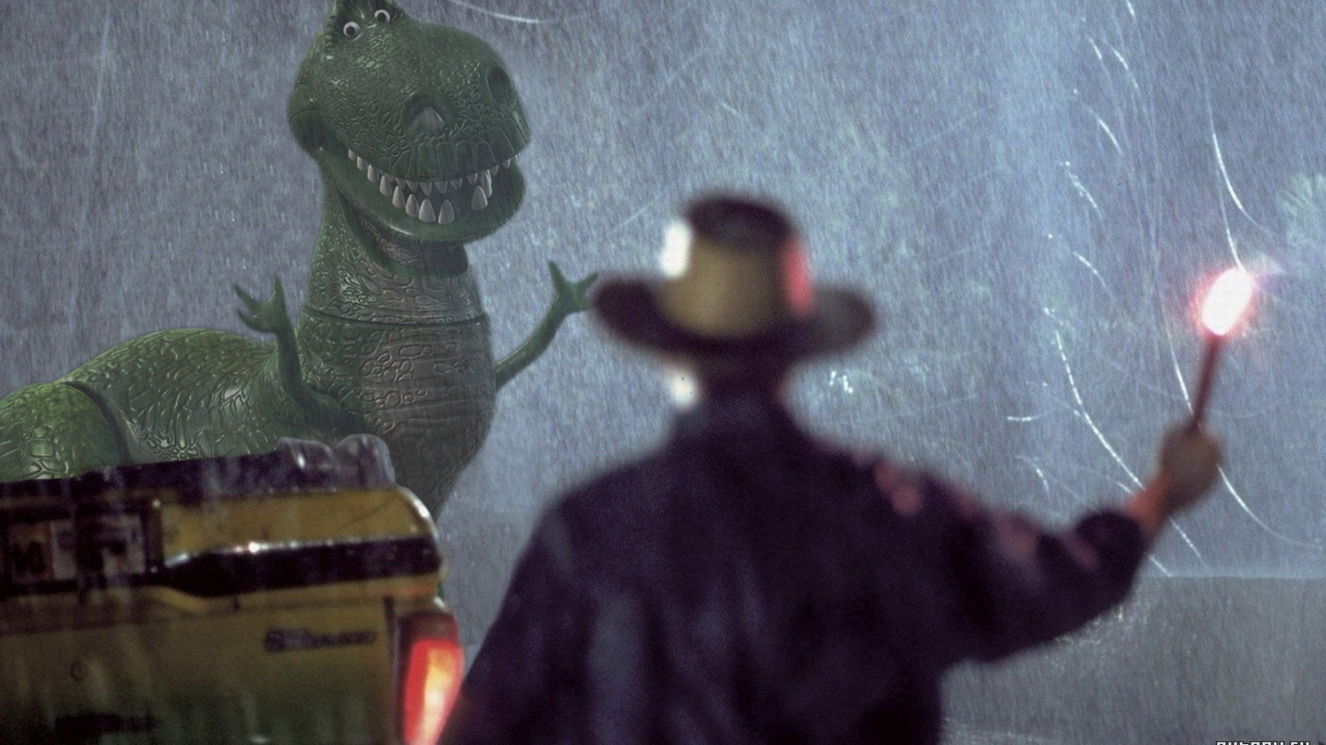 snowing, arms raised, holding, adult, building exterior, winter, art and craft, cold temperature, nature, city, human body part, toy story toy story 2 toy story 3 tyrannosaurus rex t rex jurassic world jurassic park humor 1920, HD Wallpaper