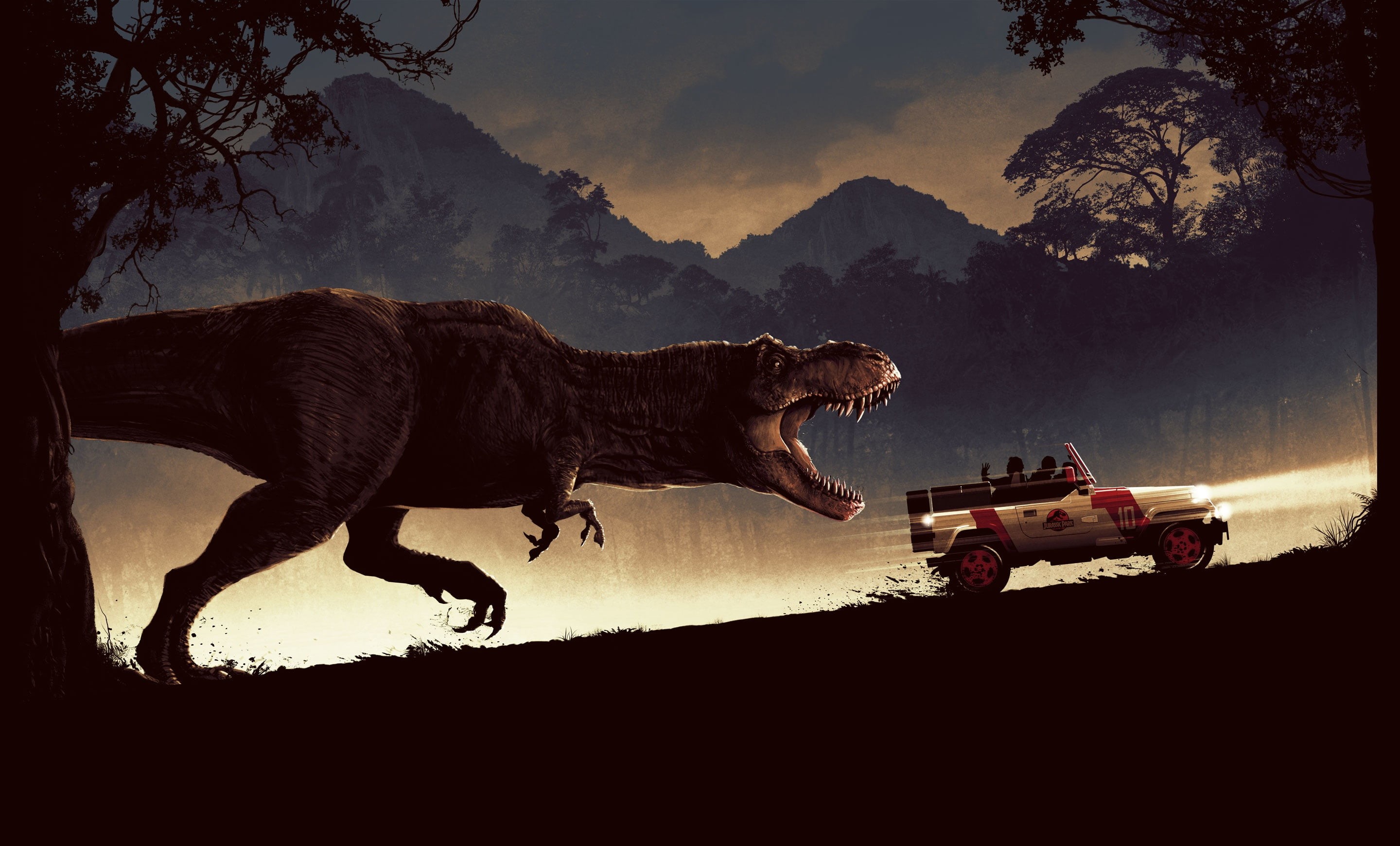 vehicle, artwork, dark, Jurassic Park, movies, 2K, 1993 (Year), car, dinosaurs, HD Wallpaper
