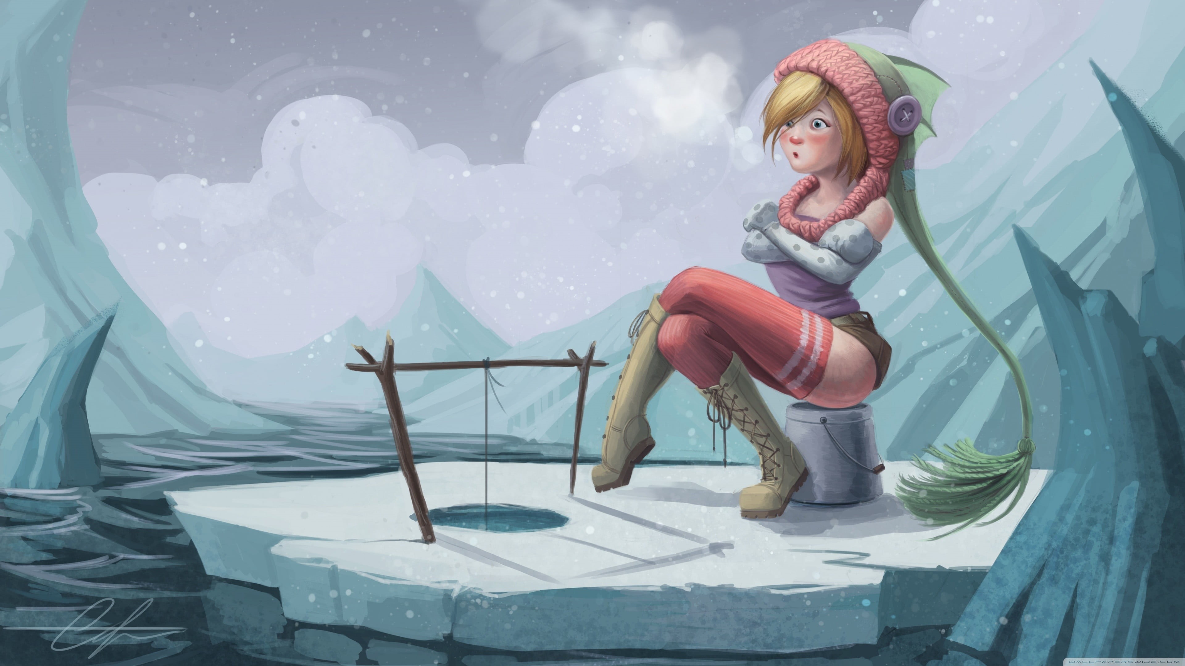 caucasian Ethnicity, nature, clothing, yellow, lifestyles, hat, full length, night, innocence, young adult, child, snow, backgrounds, fishing, beautiful, HD Wallpaper