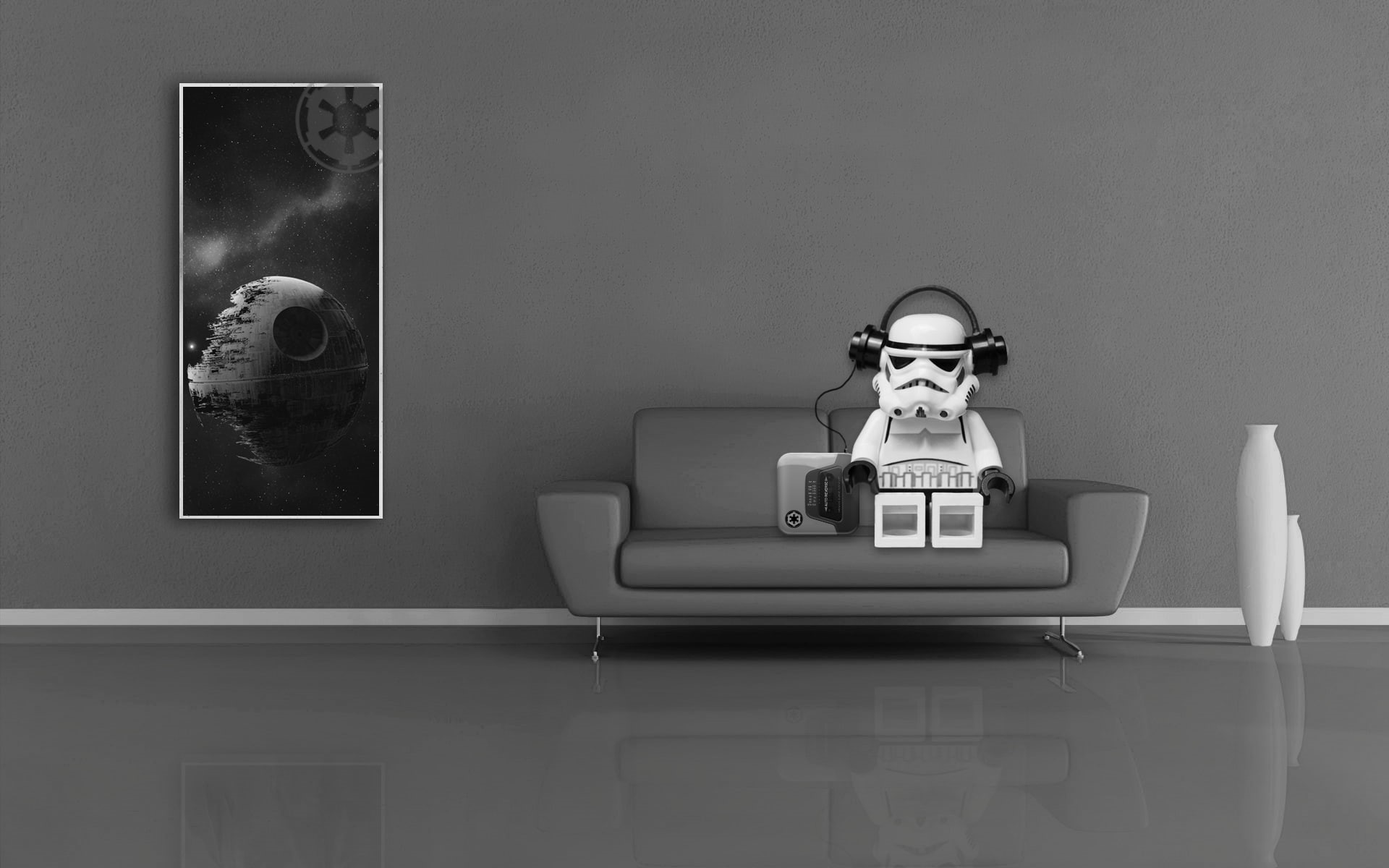humor, stormtrooper, render, digital art, reflection, monochrome, toys, headphones, minimalism, couch, Death Star, music, 1080P, living rooms, LEGO Star Wars, HD Wallpaper