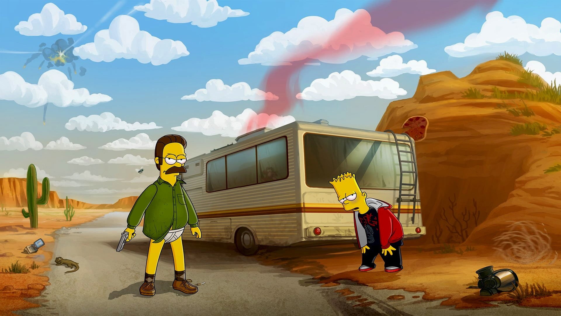 built structure, building, desert, 1080P, child, day, sky, The Simpsons, building exterior, transportation, Breaking Bad, nature, cloud - sky, people, HD Wallpaper