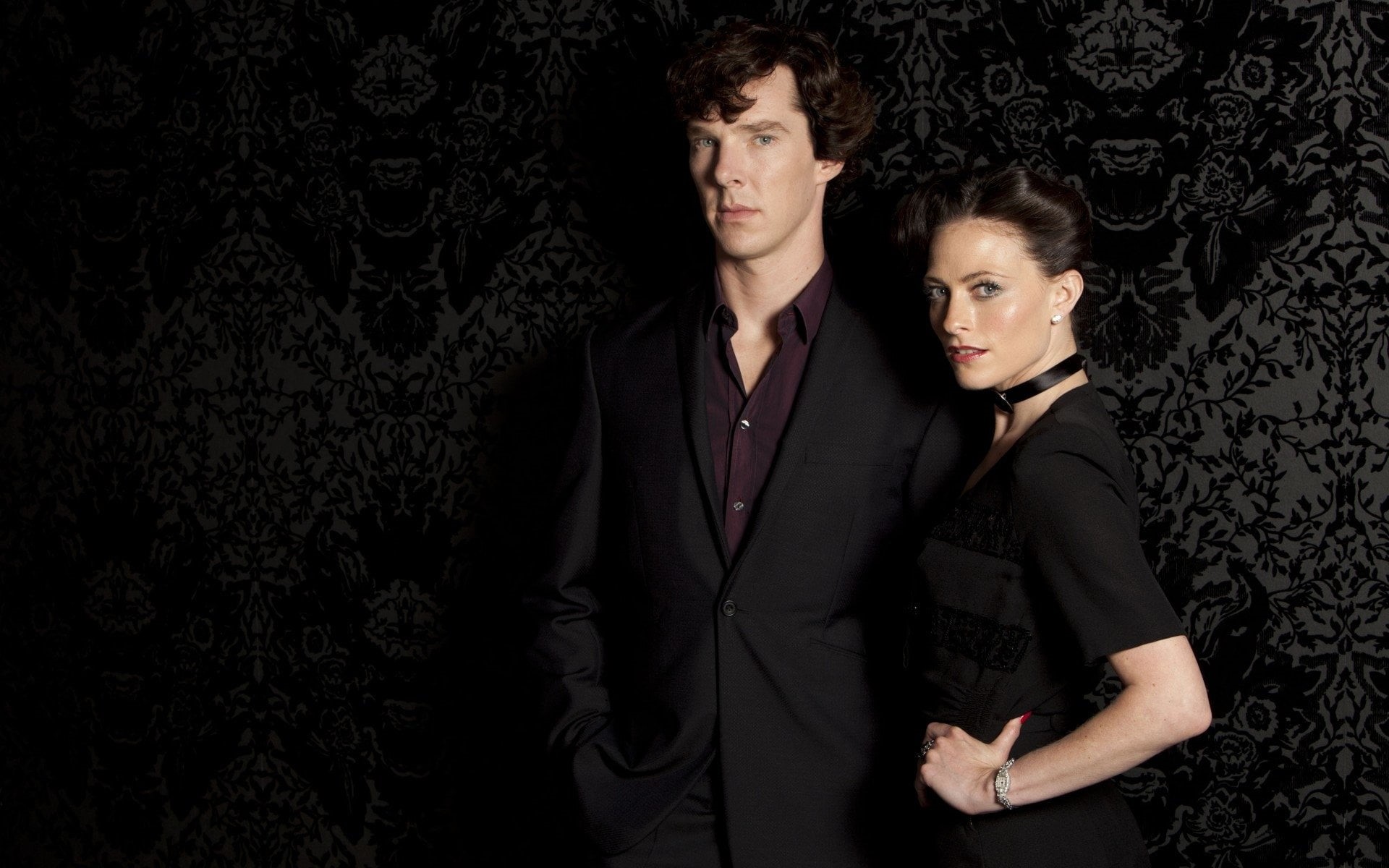 men, Sherlock, Benedict Cumberbatch, contemplation, Sherlock Holmes, studio shot, Man, indoors, Irene Adler, togetherness, night, portrait, 1080P, two people, HD Wallpaper