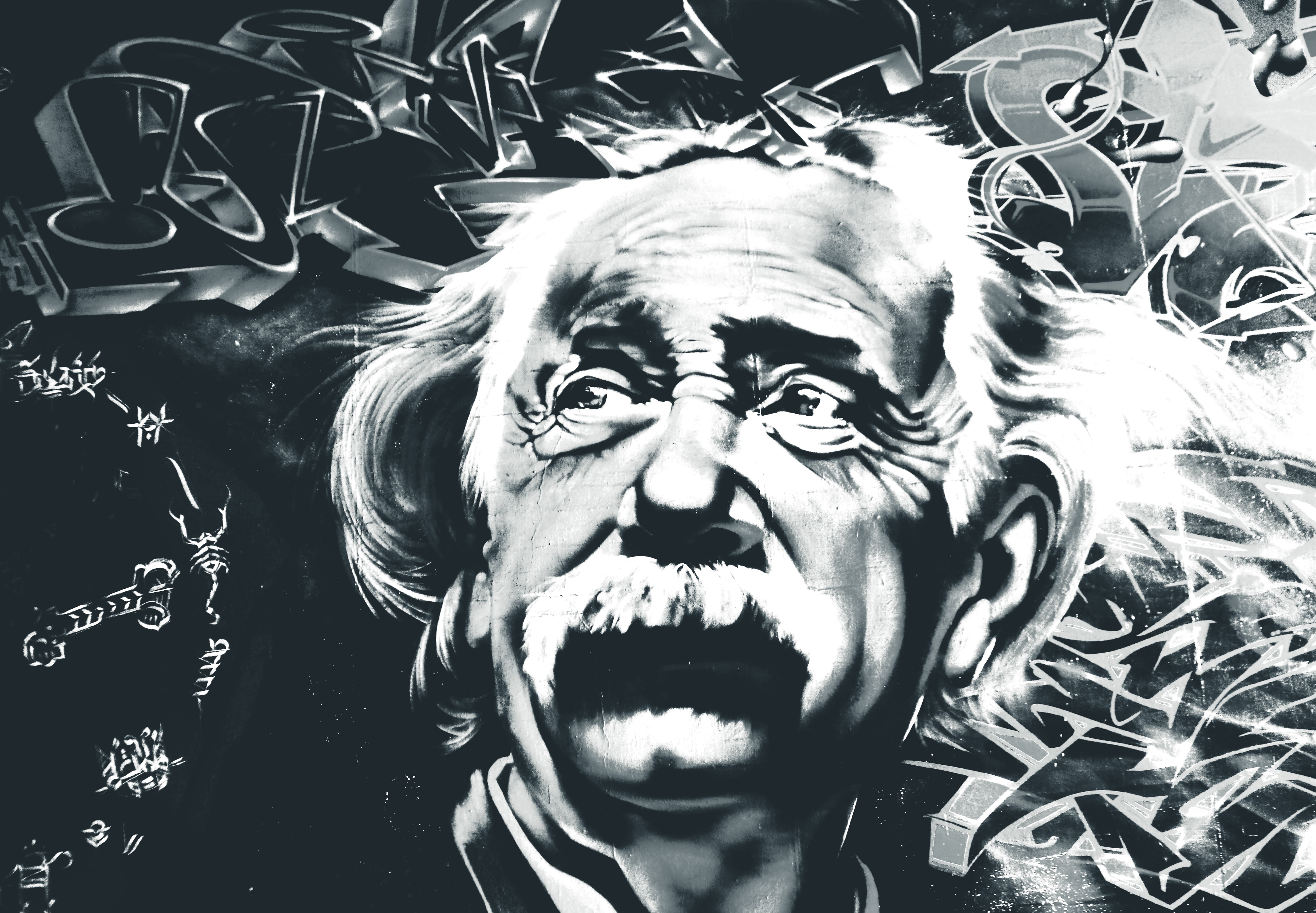 5K, human face, albert einstein, human body part, art and craft, photo, mural, day, indoors, portrait, no people, emotion, craft, black and white, mouth, HD Wallpaper