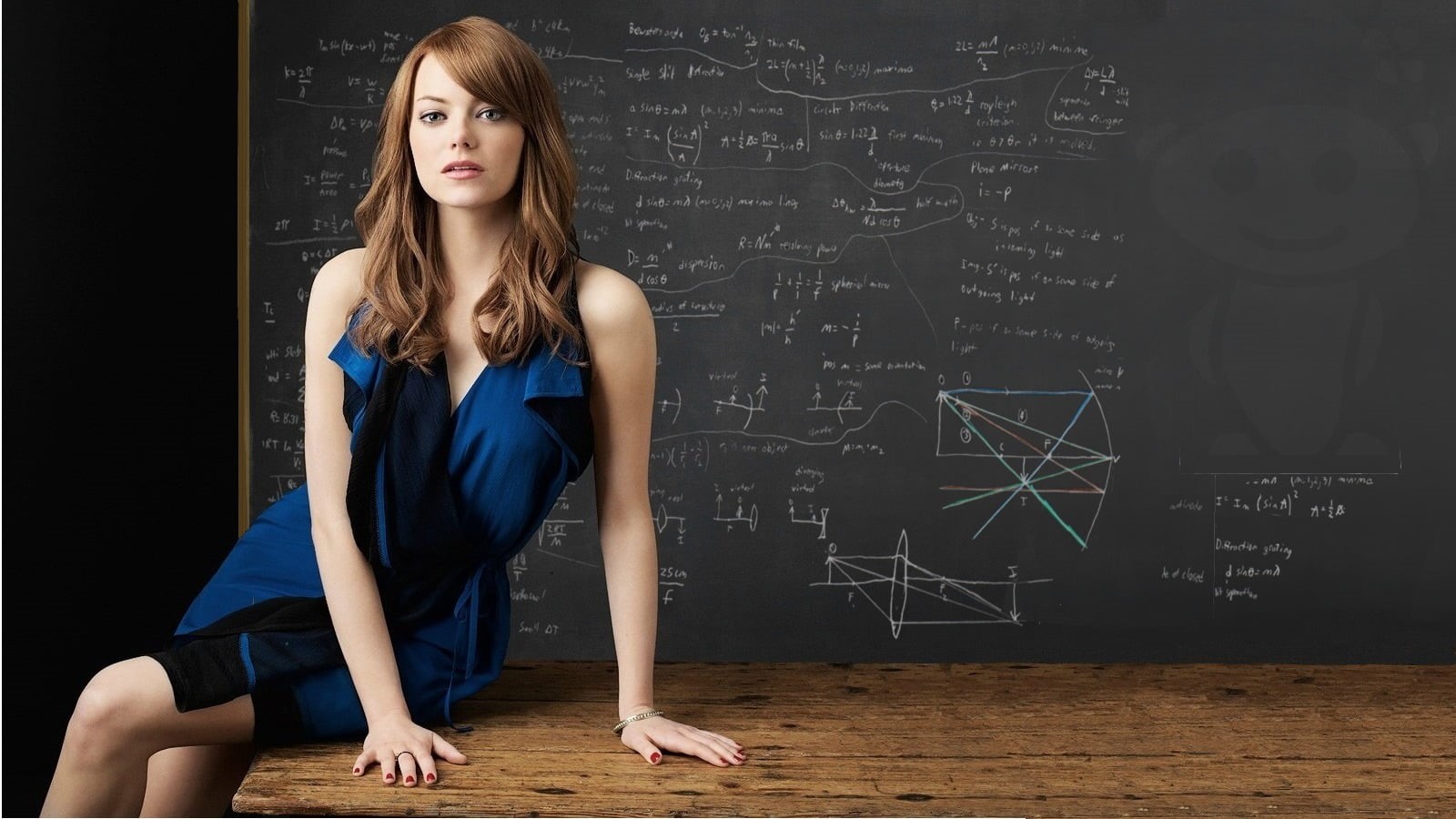 actress, chalkboard, dress, one person, hair, full length, Emma Stone, board, sitting, beautiful woman, blue, long hair, young women, women, portrait, 720P, HD Wallpaper