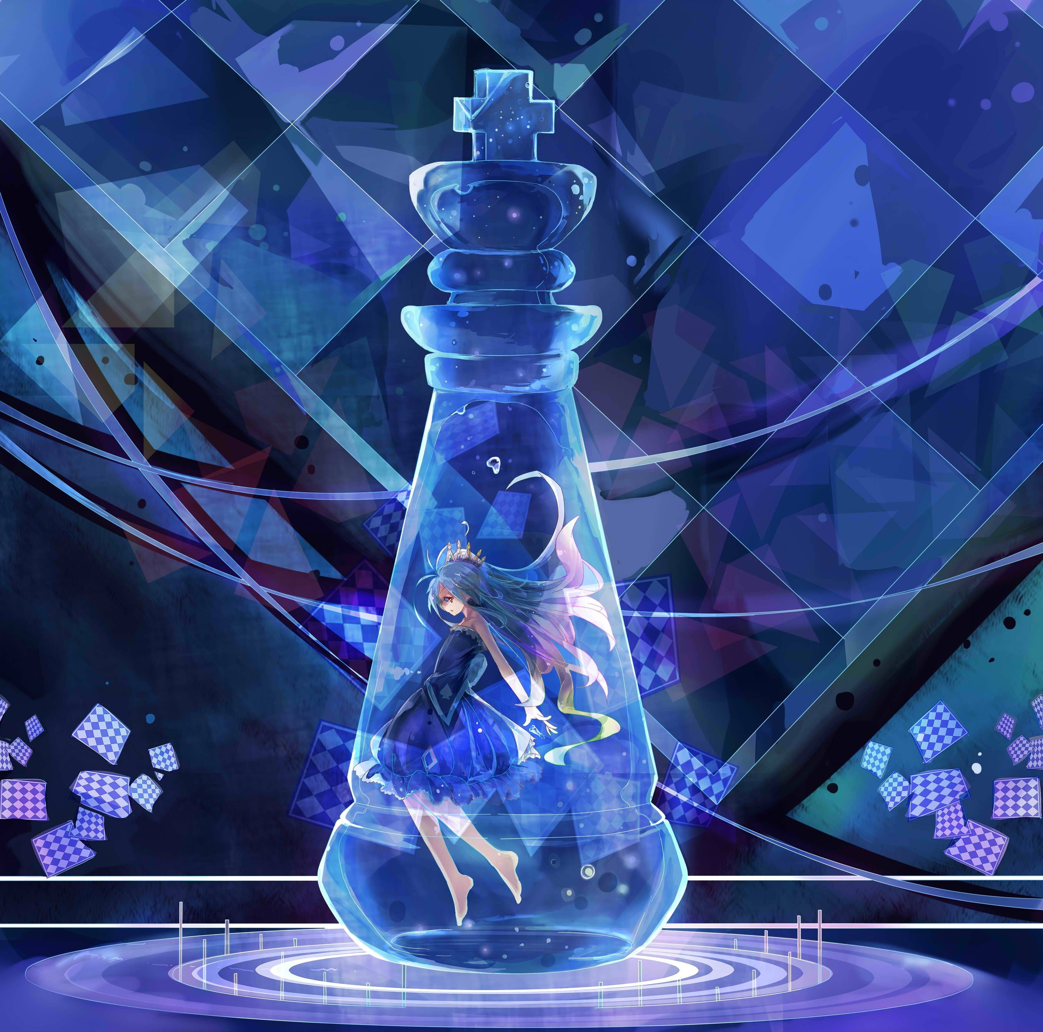 glass - material, anime girls, indoors, cyborg, No Game No Life, complexity, blue, education, Shiro (No Game No Life), king, digital composite, representation, HD Wallpaper