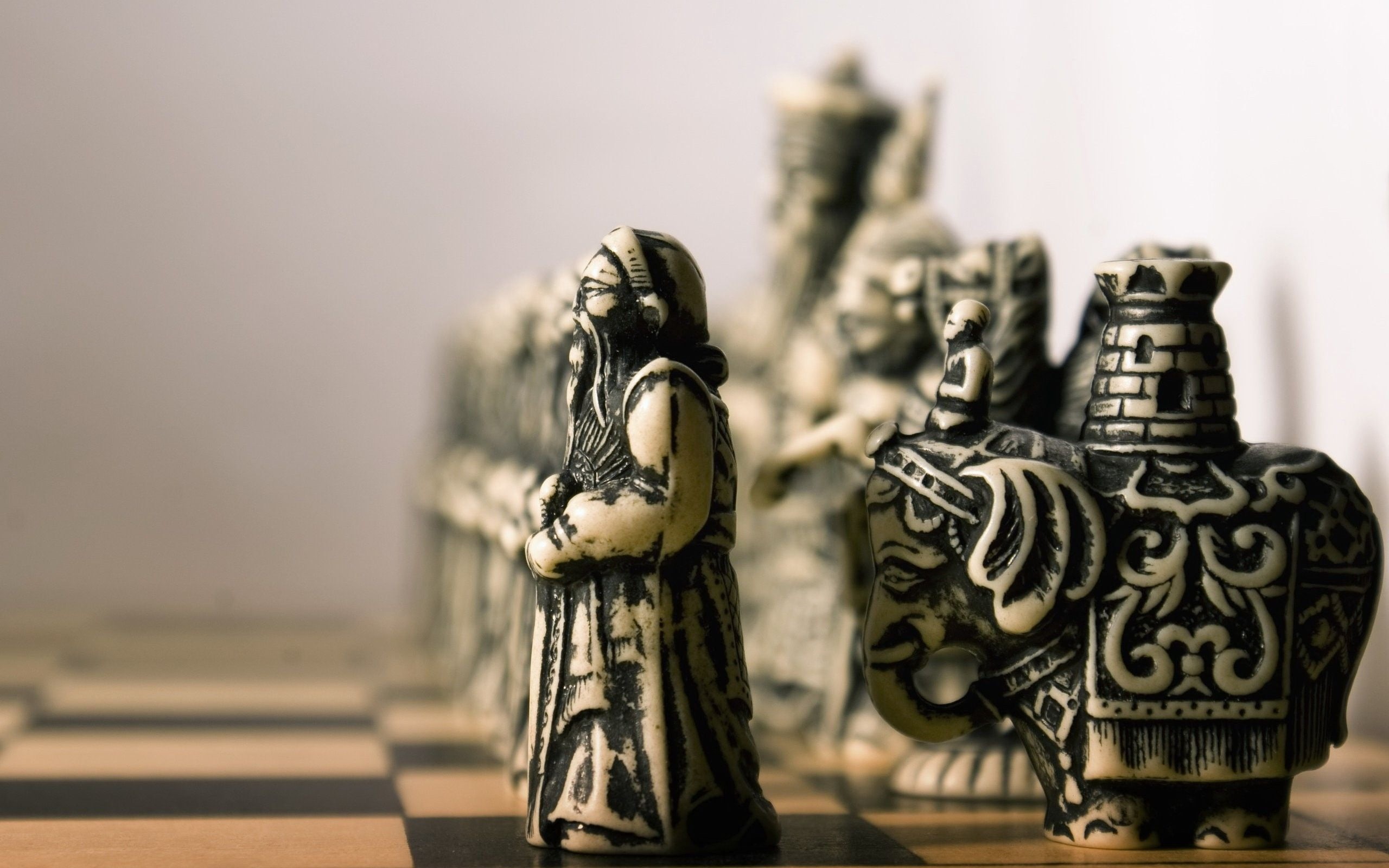 focus on foreground, statue, no people, indoors, board games, religion, sculpture, art and craft, black, figurines, chess, leisure games, spirituality, HD Wallpaper