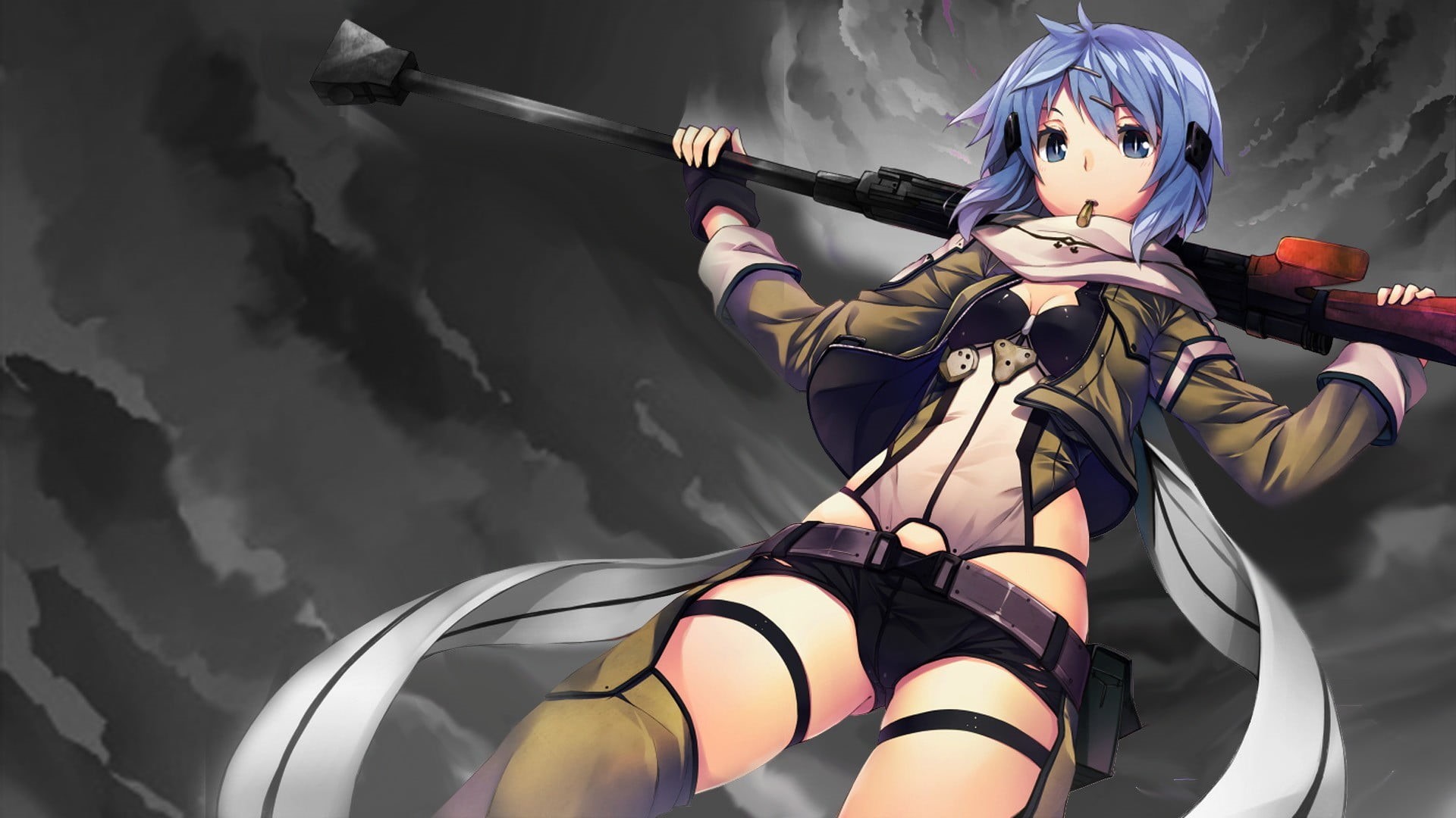 low angle view, 1080P, video games, indoors, anime girls, sniper rifle, purple, sport, female, one person, real people, haired, human representation, Asada Shino, HD Wallpaper