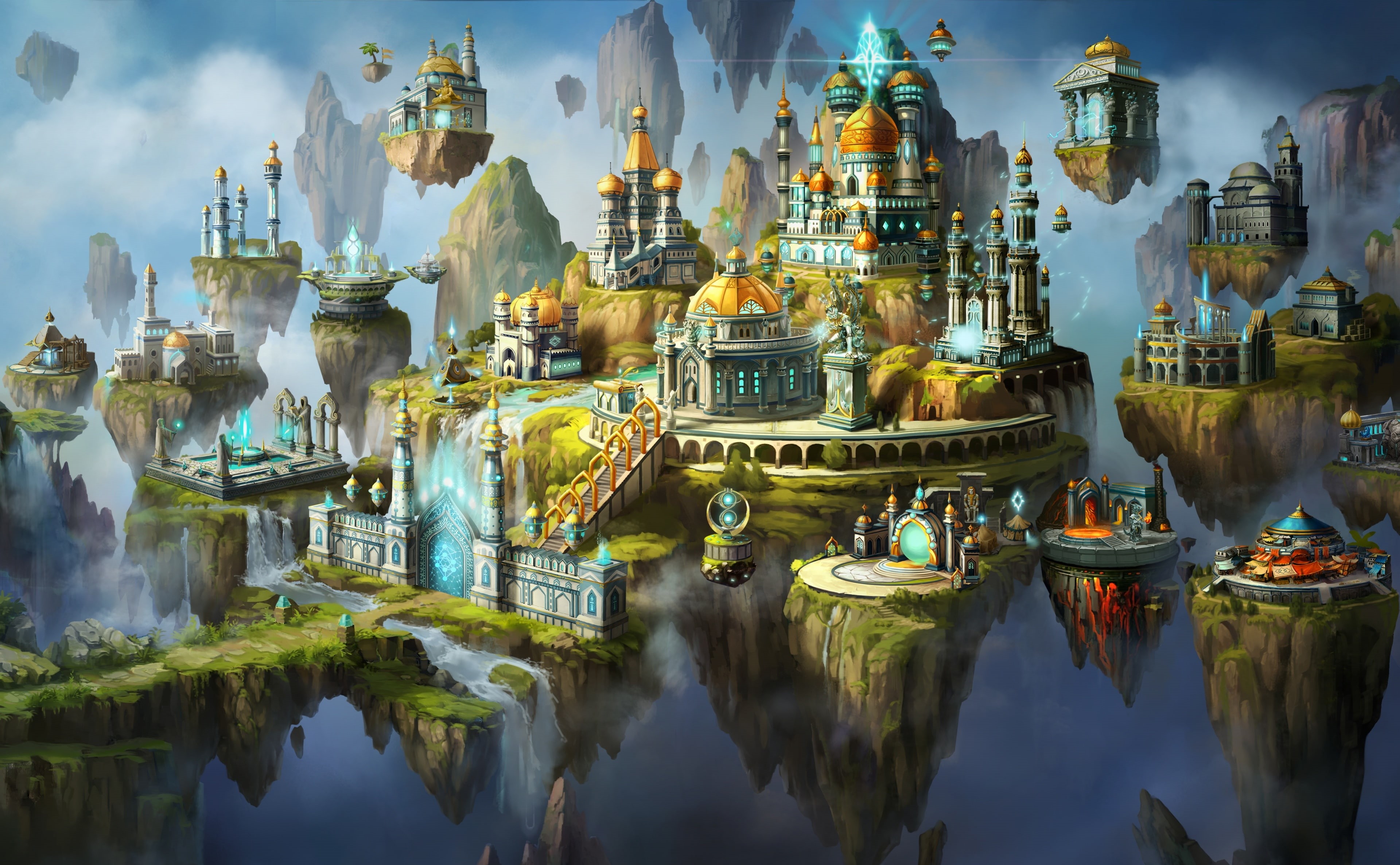 magic, lake, Heroes, buildings, waterfront, multicolored, reflection, Strategy, building, building exterior, Games, Game, place of worship, might, HD Wallpaper