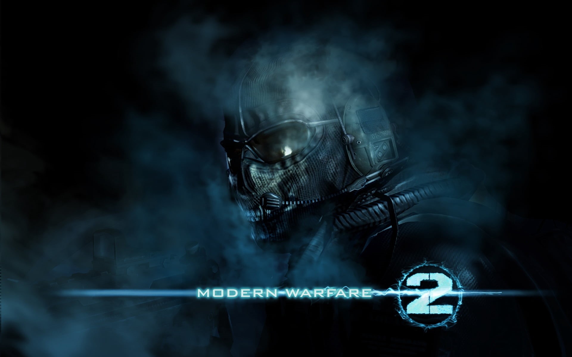 call of duty modern warfare 2, halloween, modern, warfare, indoors, gun, horror, fog, mystery, black background, futuristic, digital, spooky, mask, blue, HD Wallpaper