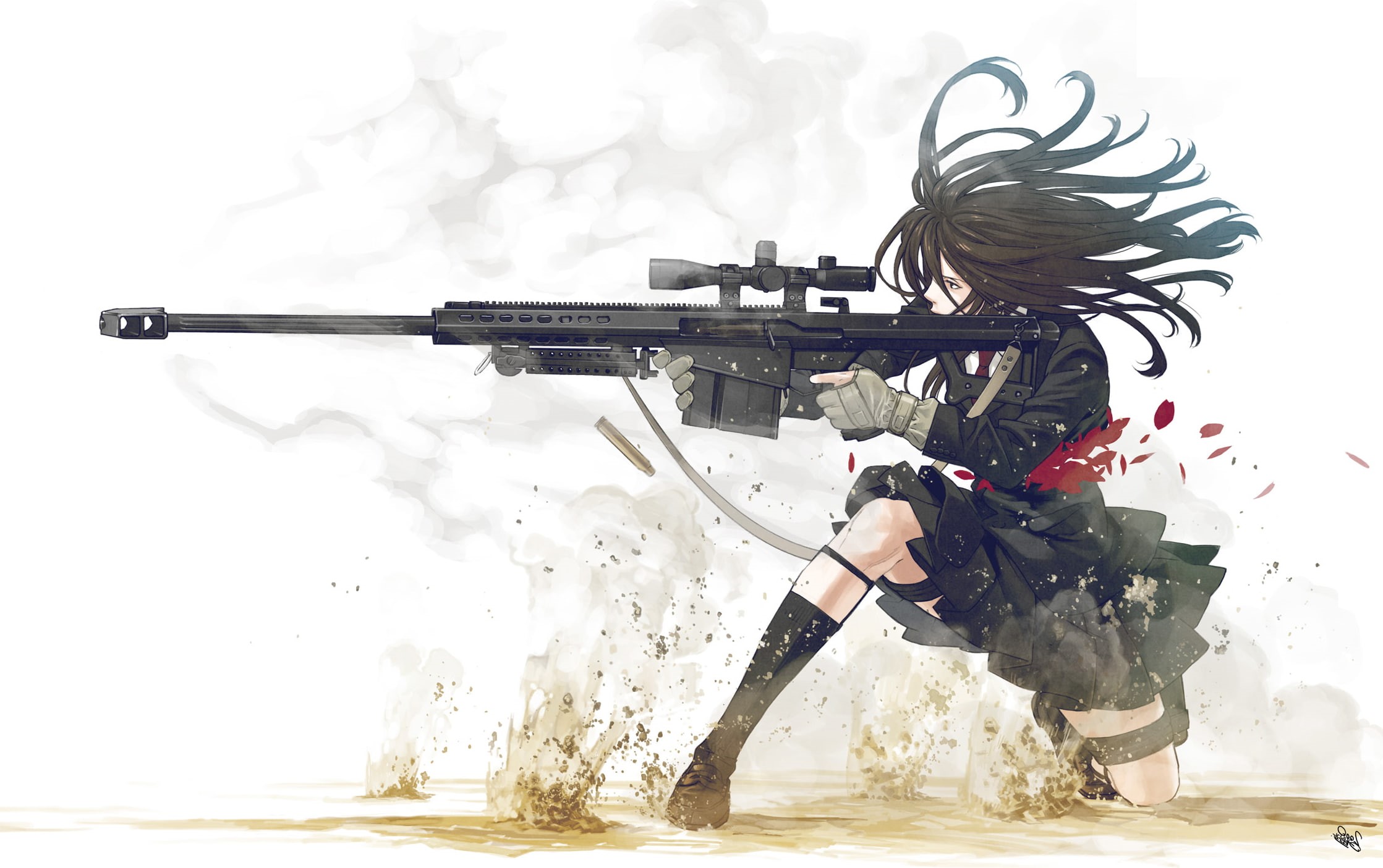 motion, day, government, Original Characters, Simple Background, clothing, Anime Girls, adult, Dark Hair, real people, military, Skirt, full length, gun, HD Wallpaper