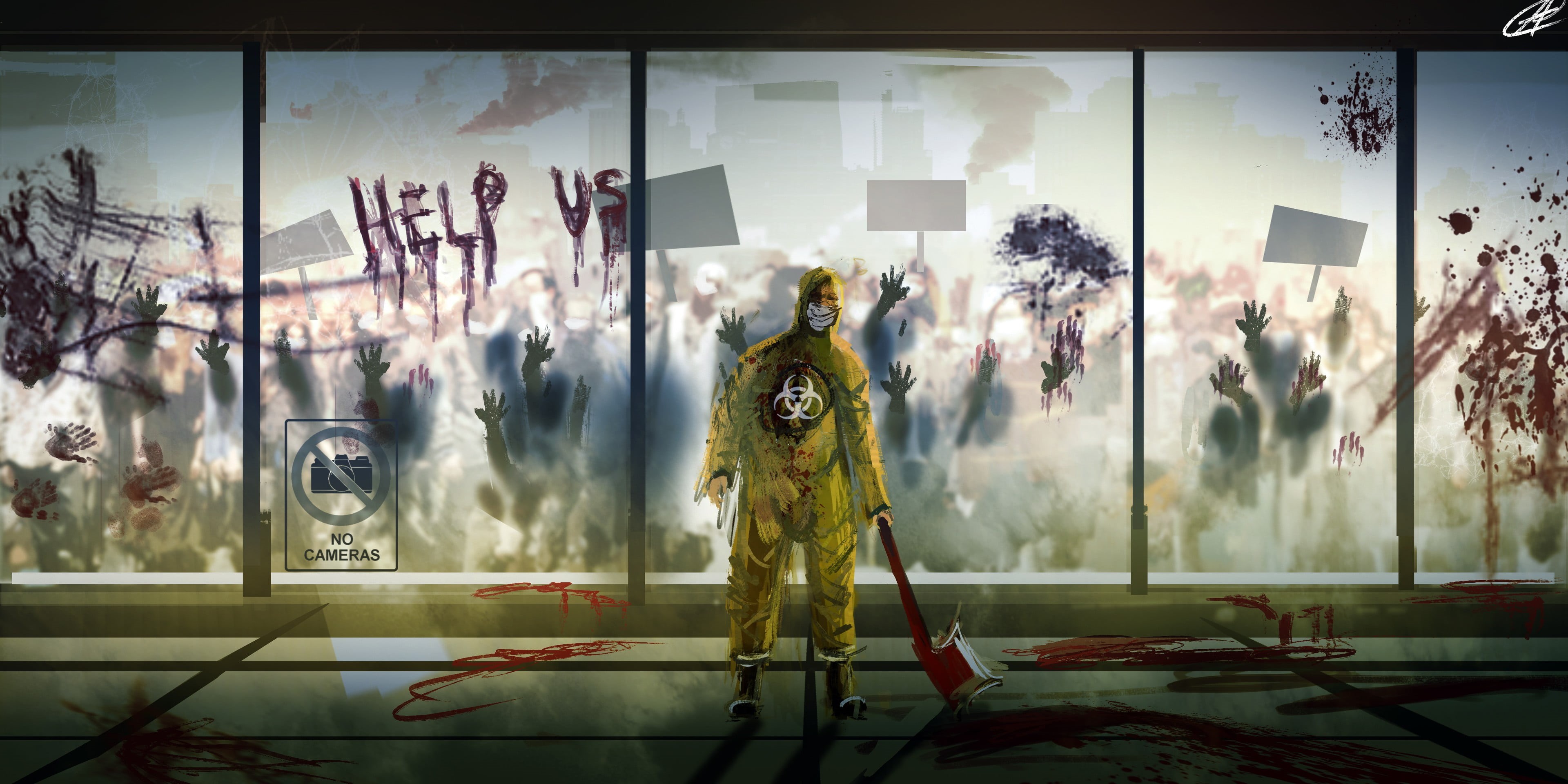 illustration, artwork, interior, apocalyptic, architecture, concept art, 4K, environment, character design, blood, digital art, creature, horror, people, HD Wallpaper