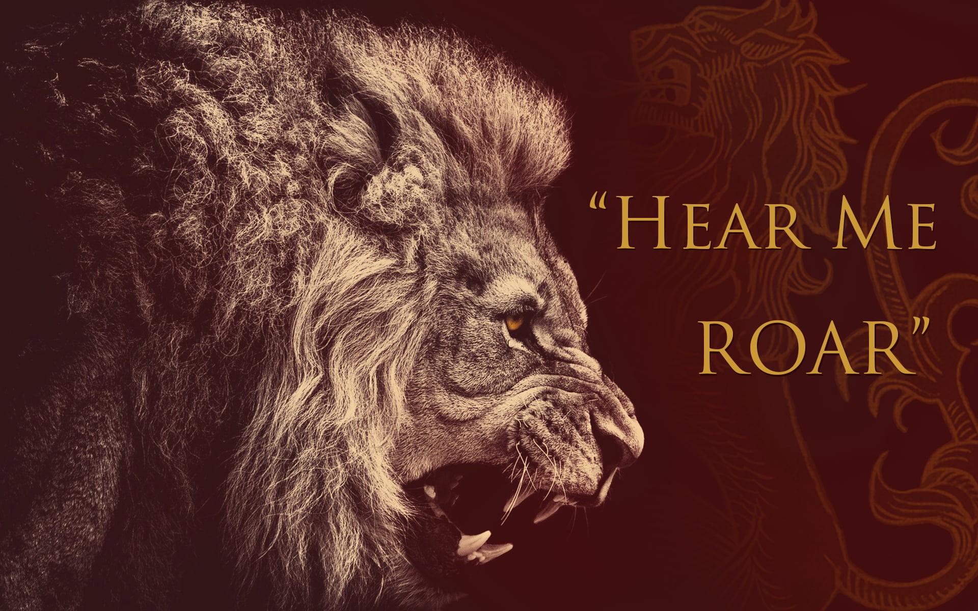 feline, indoors, art, House Lannister, black background, roar, western script, resting, canine, animal themes, pets, domestic animals, animal head, lion, HD Wallpaper