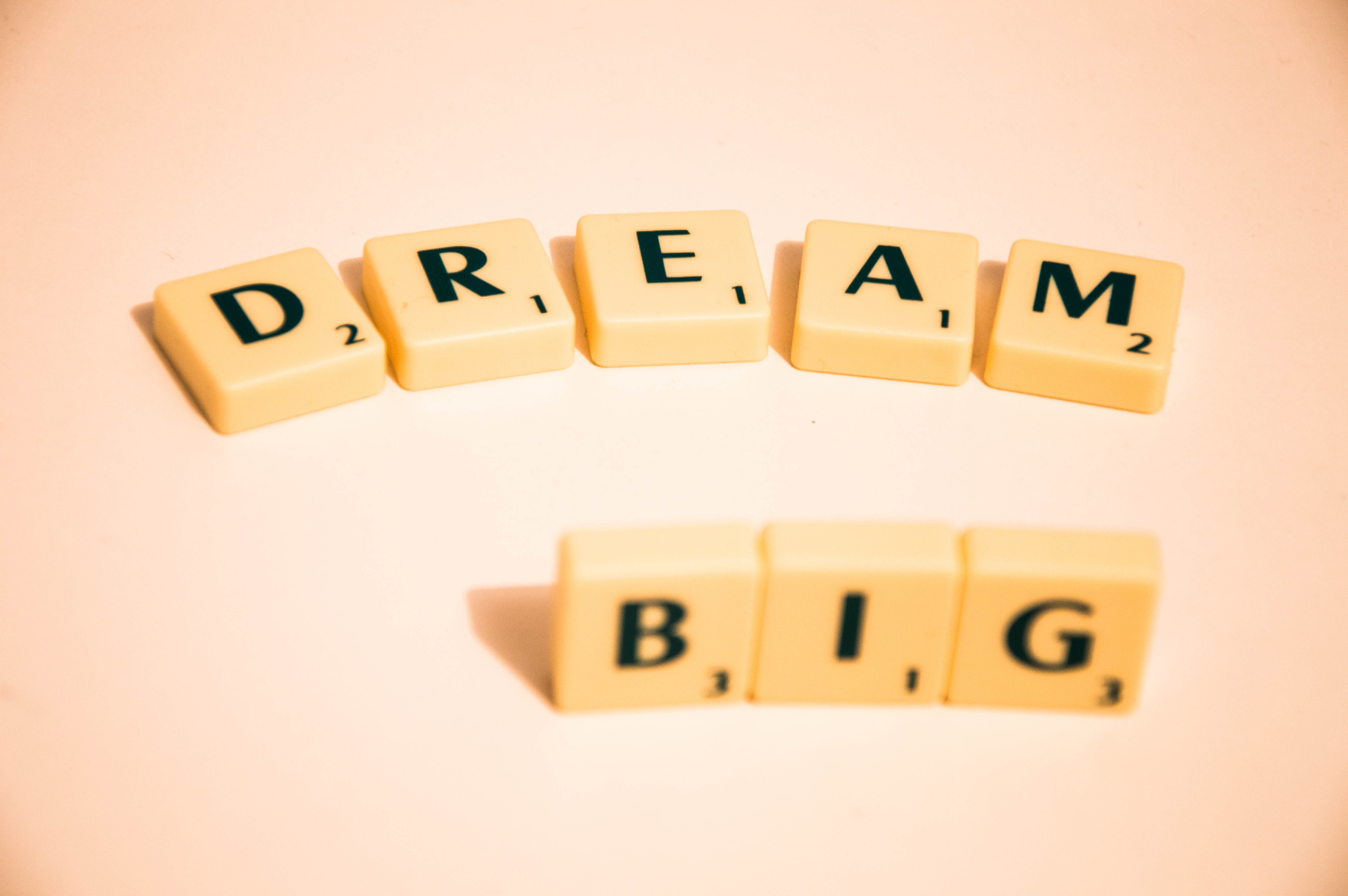 orthographic symbol, Dream Big, encouragement, no people, top, western script, big, toy, creative, wood - material, white surface, message, on top, arrangement, HD Wallpaper