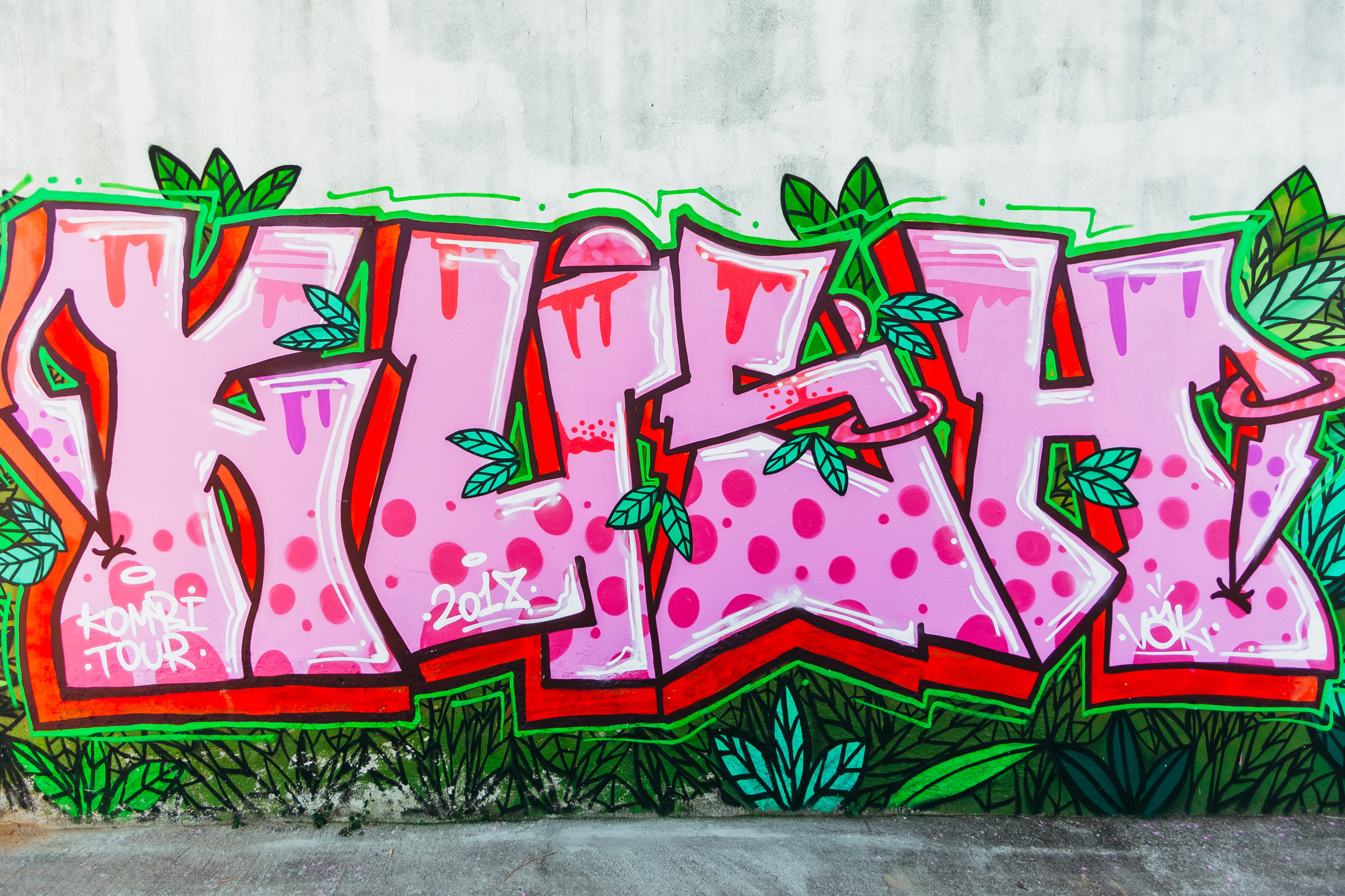 city, urban, art, graffiti, symbol, wall, design, leaves, urban Scene, outdoors, cultures, creative, 5K, kush, leaf, backgrounds, decoration, pink, green, HD Wallpaper