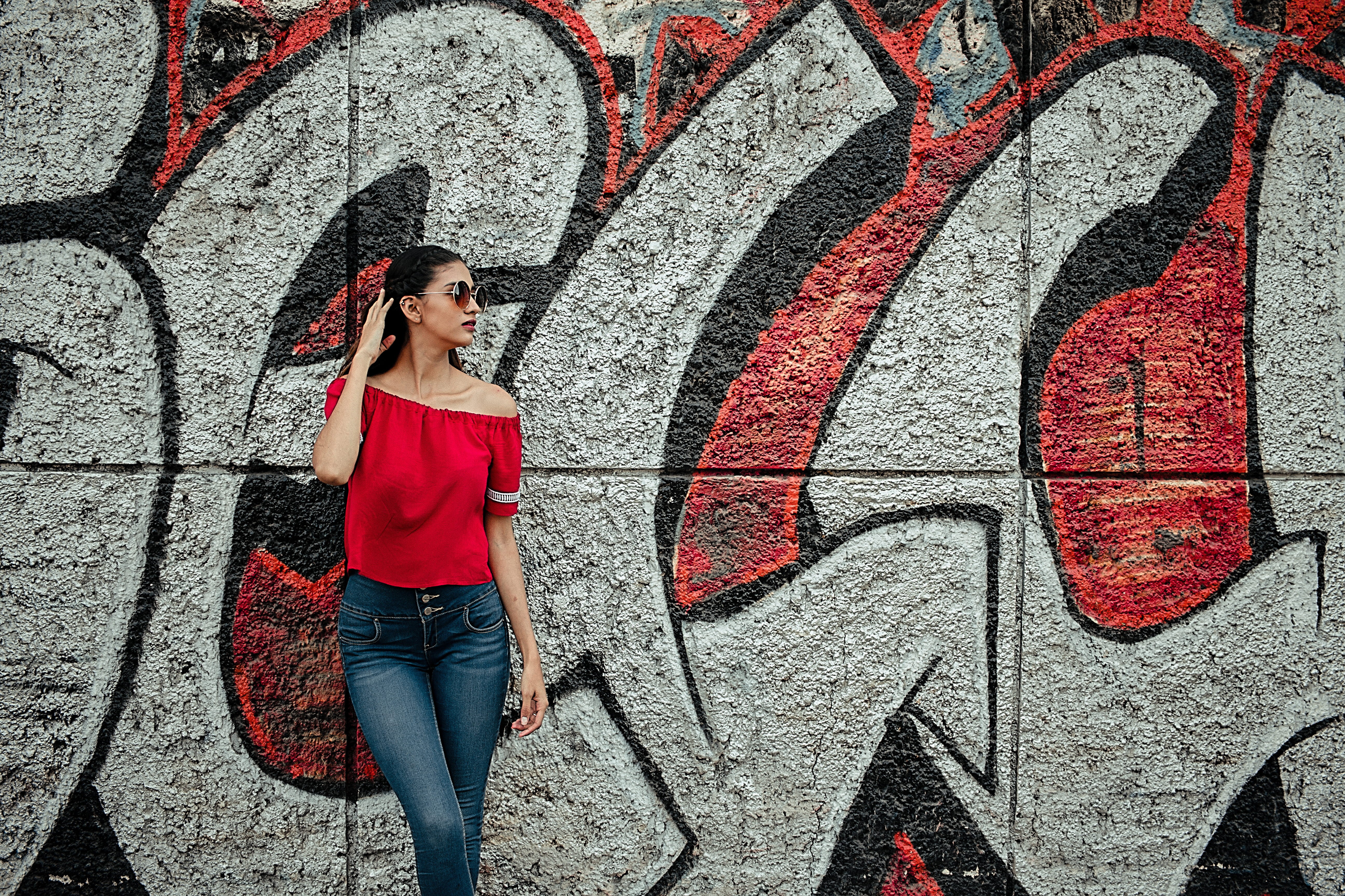 wireless technology, art, young adult, standing, wearing, blue, clothing, artistic, jeans, hair, colors, outdoors, person, women, daytime, creativity, street, HD Wallpaper