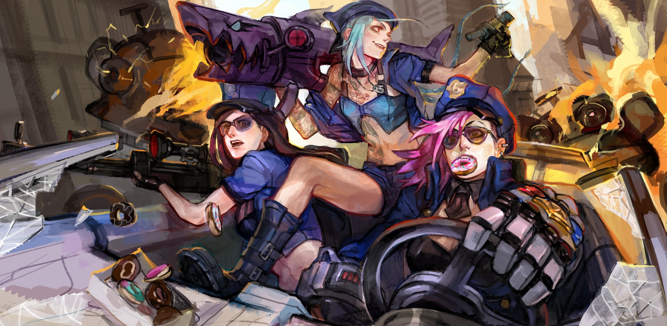 Jinx (League of Legends), consumerism, men, togetherness, mid adult, male likeness, art and craft, enjoyment, females, people, full length, Vi (League of Legends), HD Wallpaper