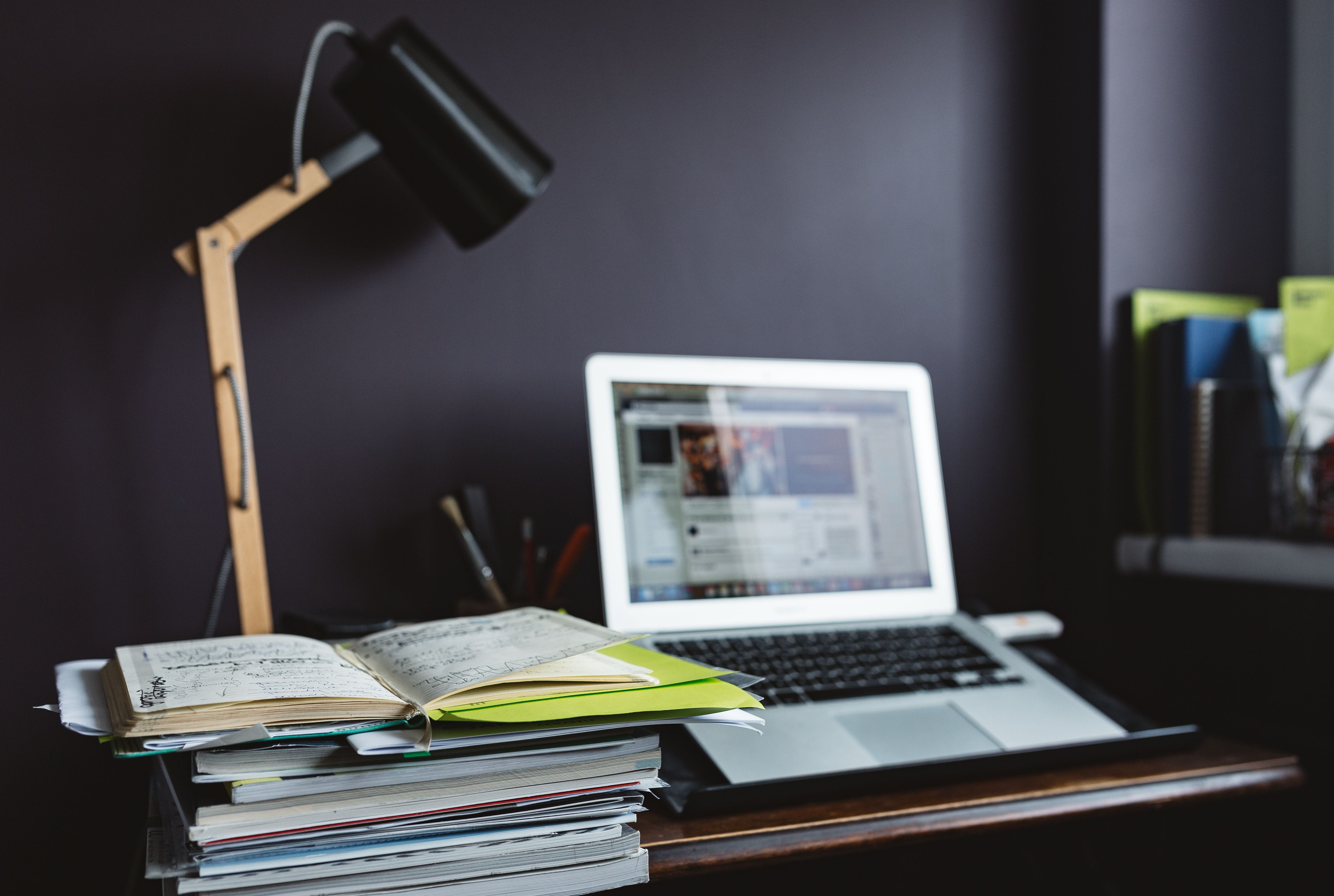 connection, idea, electric lamp, table, Contemporary, communication, macbook, desk, focus on foreground, Apple, publication, studying, workplace, paper, HD Wallpaper