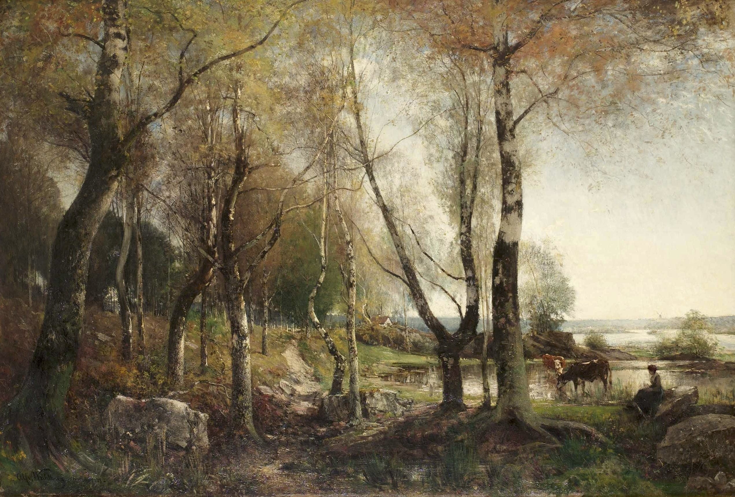 land, autumn, plant, fall, plants, tranquil scene, cattle, tranquility, country, pond, Artistic, Painting, 1080P, non-urban scene, tree trunk, bare tree, HD Wallpaper