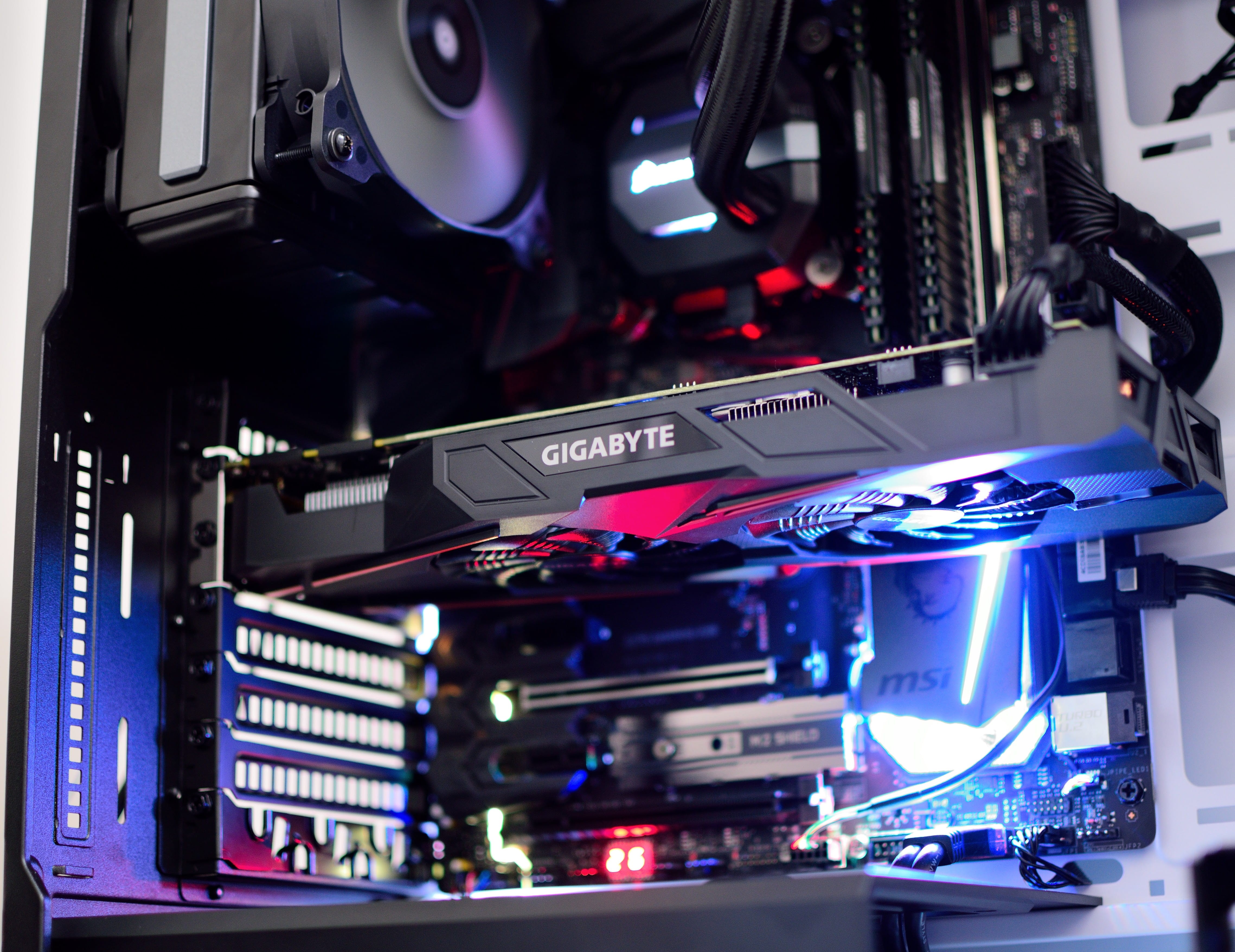 no people, motherboard, interior, computer equipment, night, gaming, tech, illuminated, white, industry, nightlife, arts culture and entertainment, indoors, HD Wallpaper