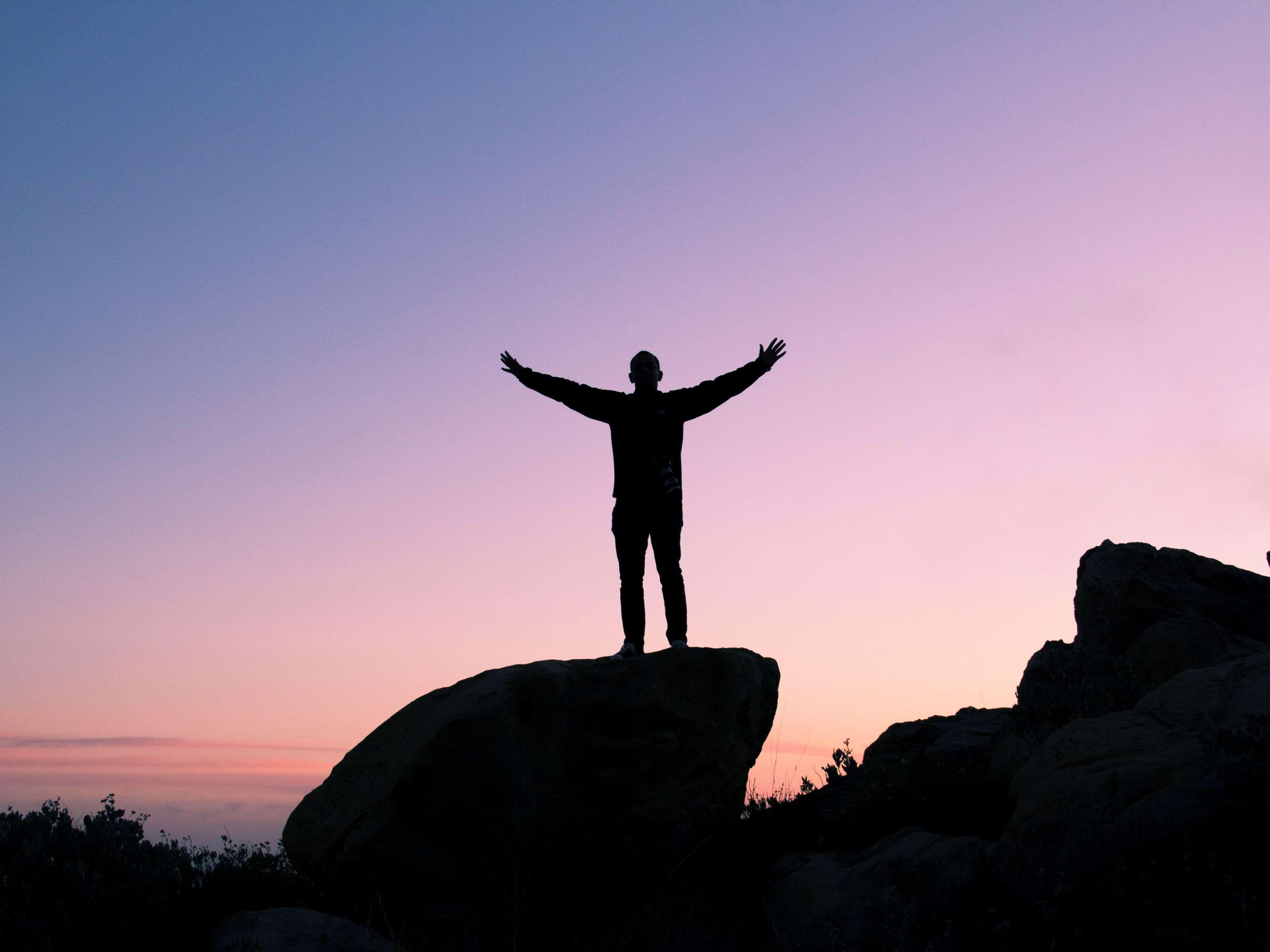 dom, solid, succeed, outdoors, achievement, arms outstretched, human arm, rock - object, silhouette, 4K, scenics - nature, freedom, confident, success, HD Wallpaper