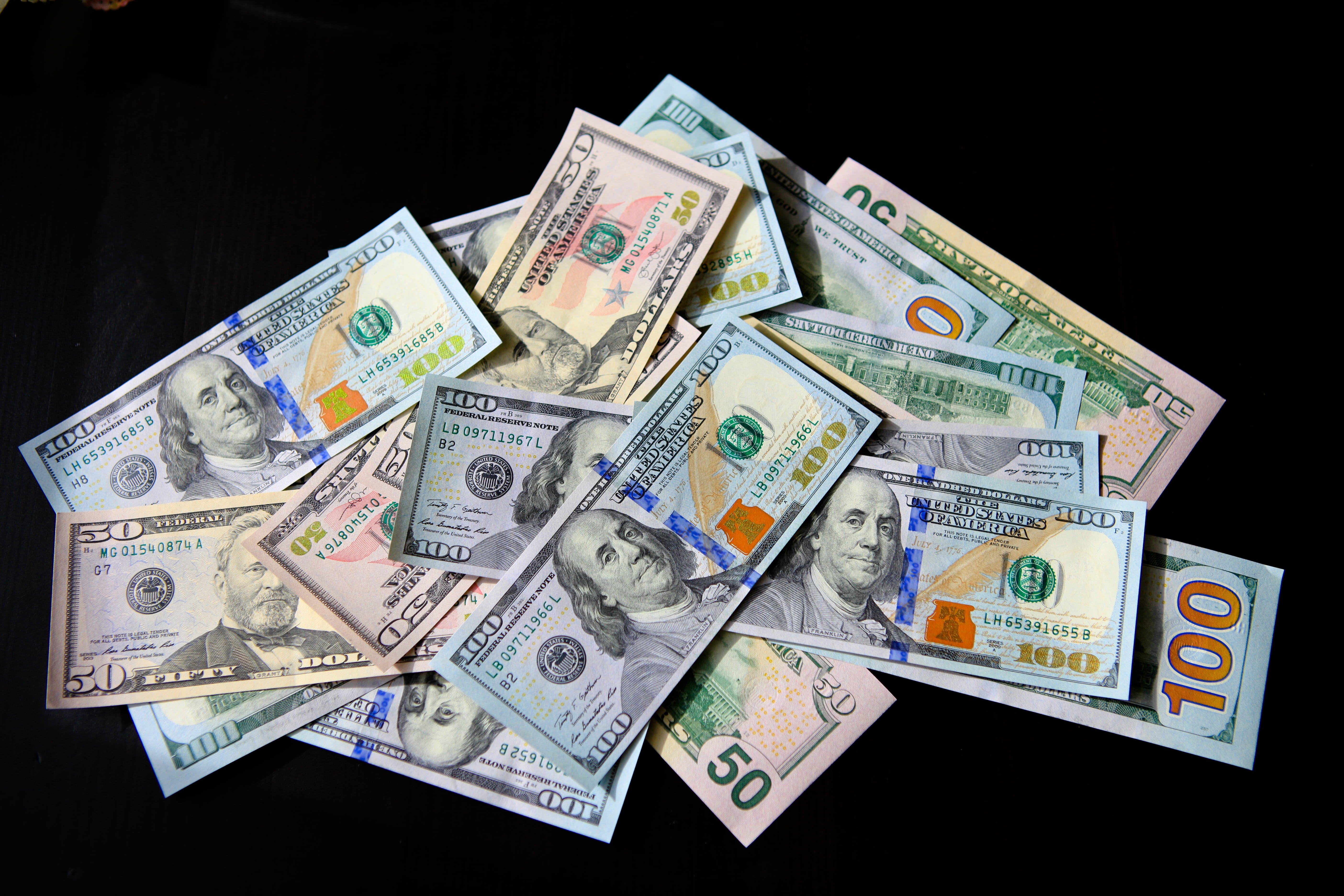 american, close-up, consumerism, 100, us, large group of objects, dollars, financial, bills, black background, paper currency, banking, economics, dollar, HD Wallpaper