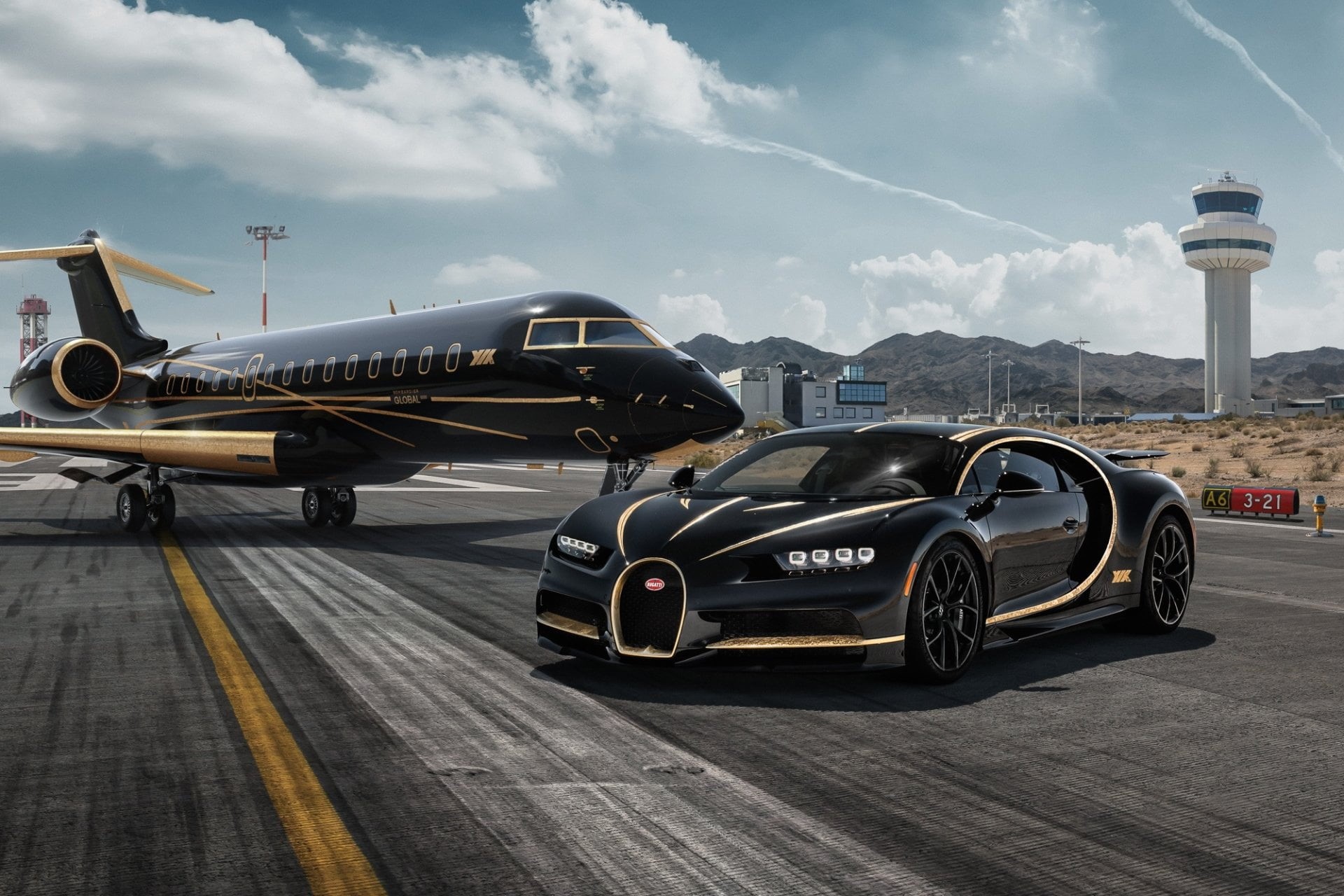 cloud - sky, Supercar, Sport Car, Bugatti, Car, Bugatti Chiron, airport, road, sky, outdoors, Black Car, no people, architecture, 1080P, nature, building exterior, HD Wallpaper
