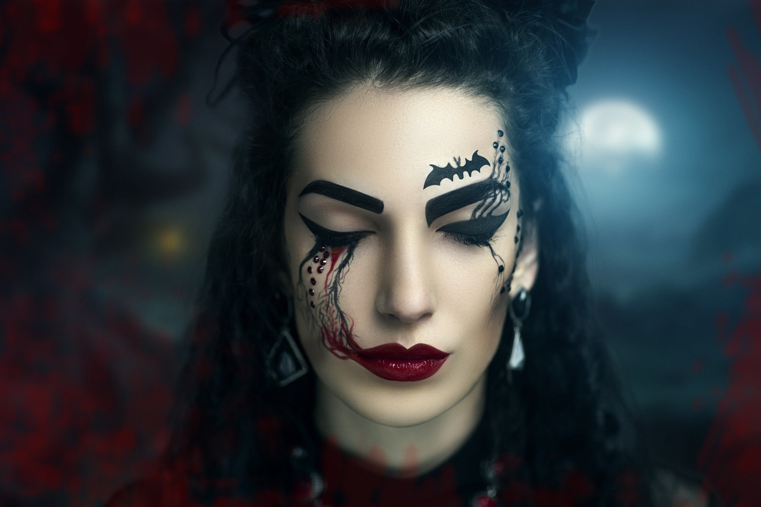 halloween, human body part, 2K, portrait, closed eyes, looking at camera, women, hairstyle, one person, beautiful woman, model, make-up, red, face, beauty, HD Wallpaper