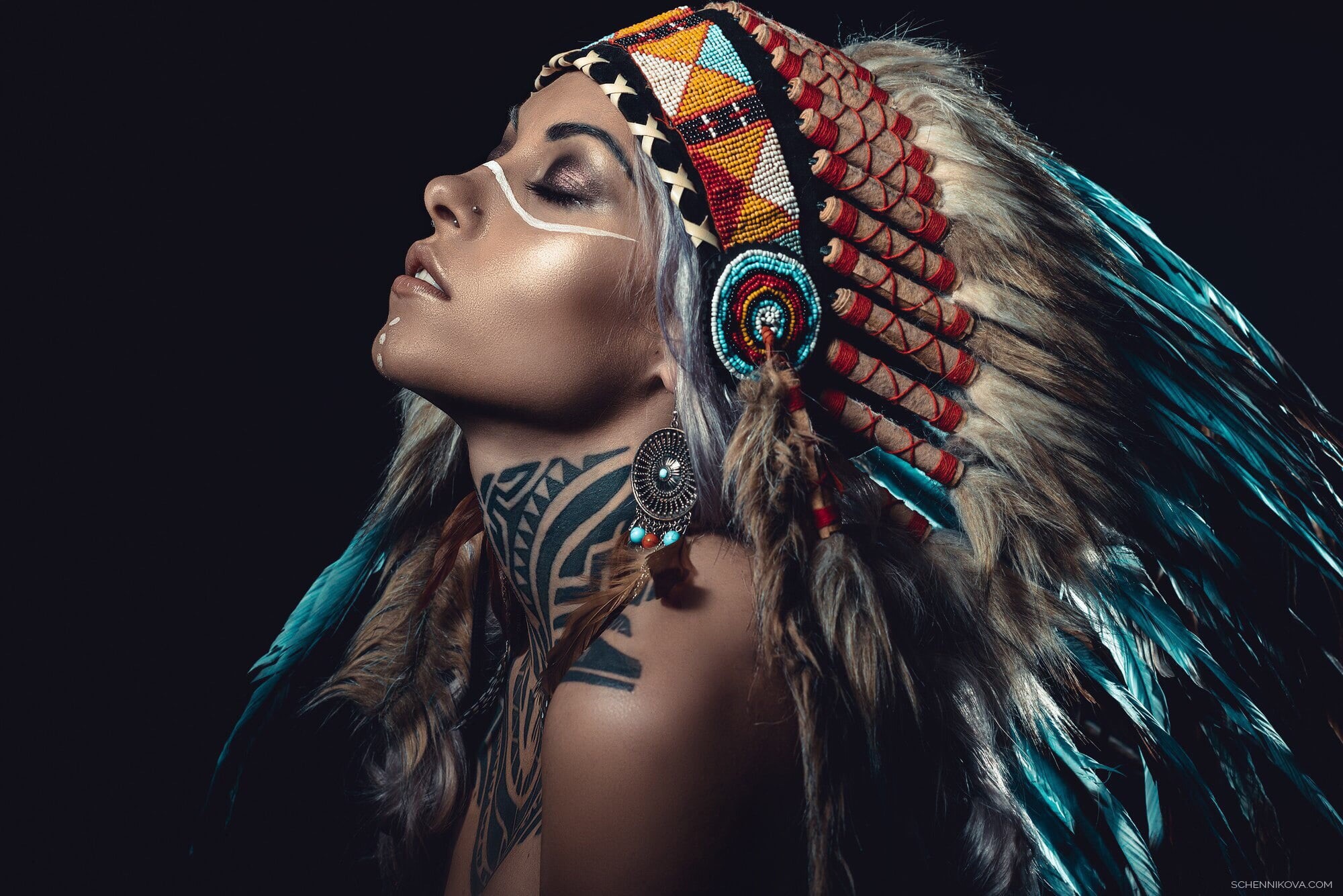 women, feathers, headdress, model, closed eyes, simple background, Teya Salat, face, 1080P, makeup, HD Wallpaper
