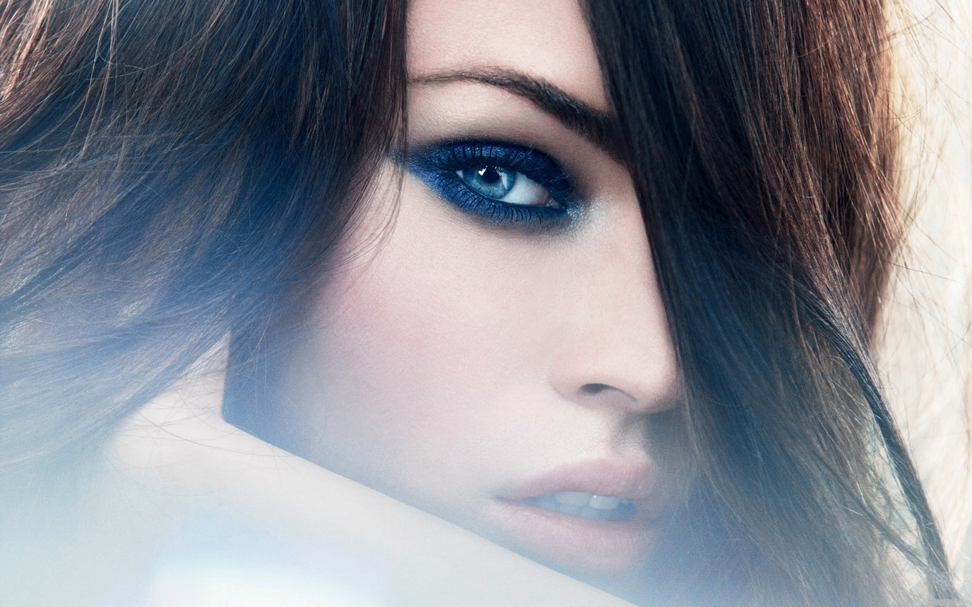 face, looking at viewer, portrait, blue eyes, eyeshadow, brunette, Megan Fox, women, model, actress, 1080P, makeup, HD Wallpaper