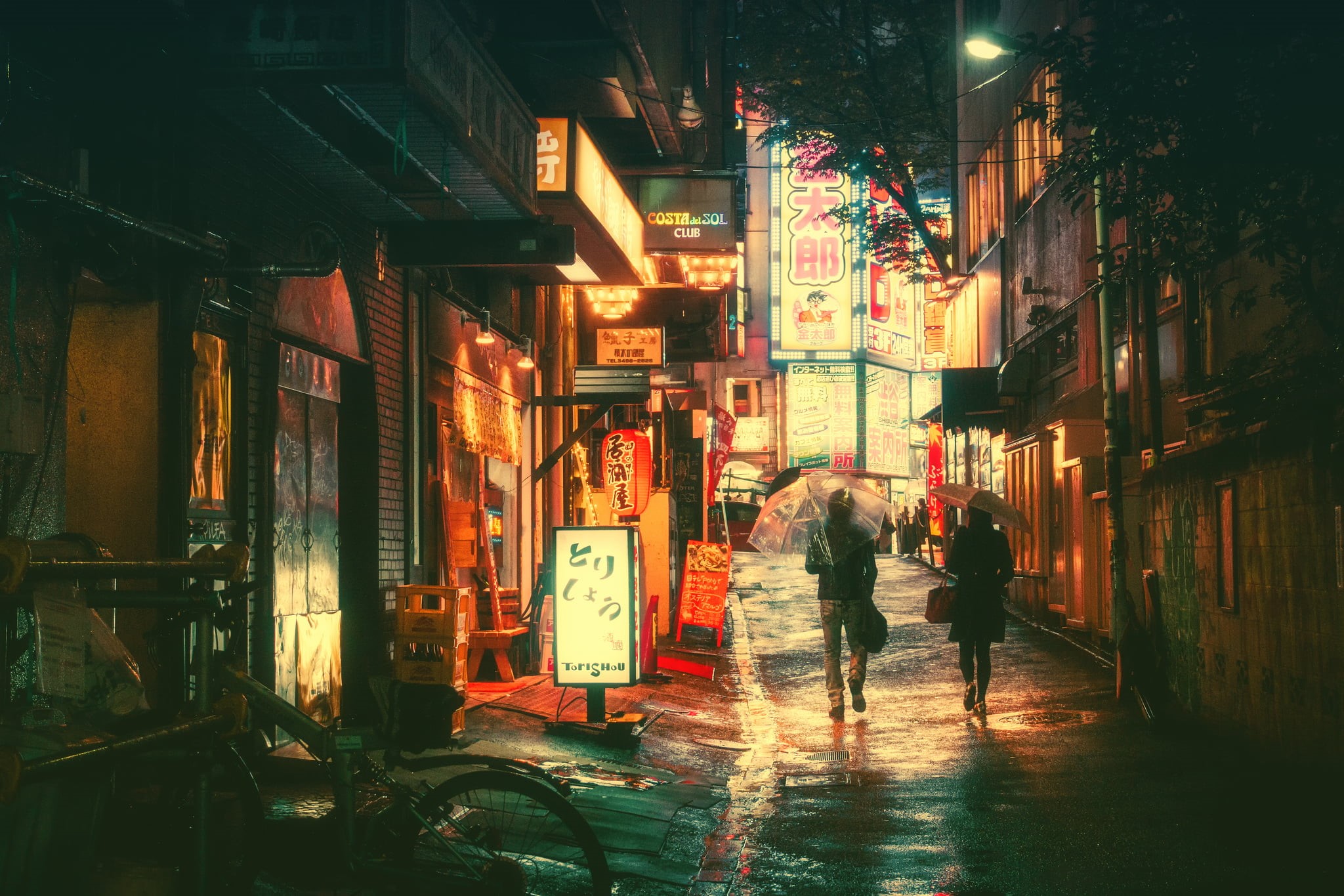 neon, illuminated, the way forward, building exterior, architecture, lifestyles, real people, alley, outdoors, couple, city, walking, Japan, wet, rear view, HD Wallpaper