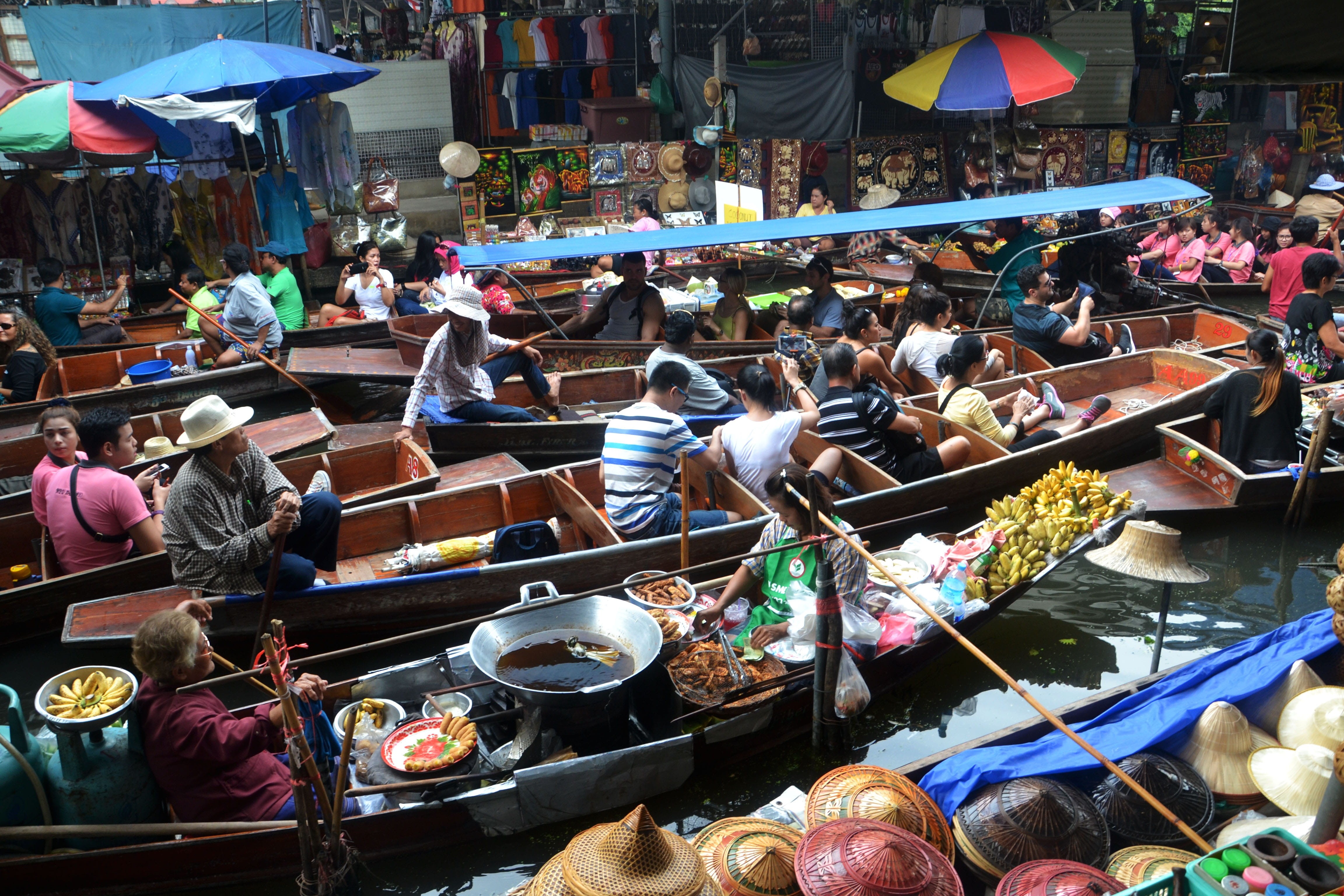 Floating Market, tourism, district, lifestyles, people, street Market, large group of people, cultures, real people, religion, vendor, food and drink, 4K, HD Wallpaper