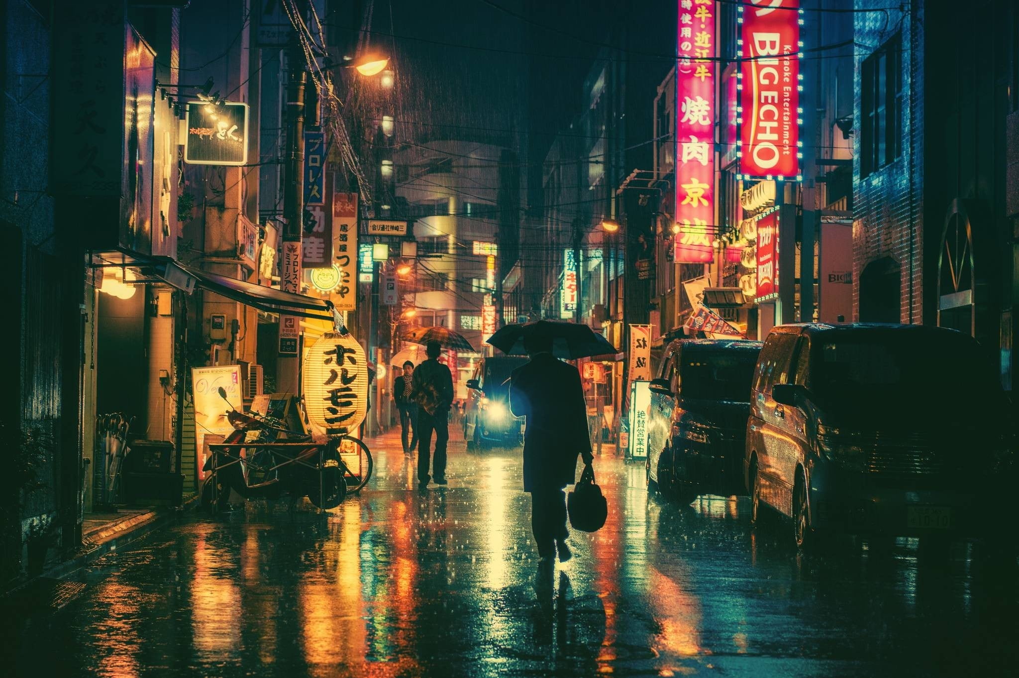 town, 1080P, umbrella, people, wet, street, city life, illuminated, transportation, building, reflection, vehicle, building exterior, water, architecture, HD Wallpaper
