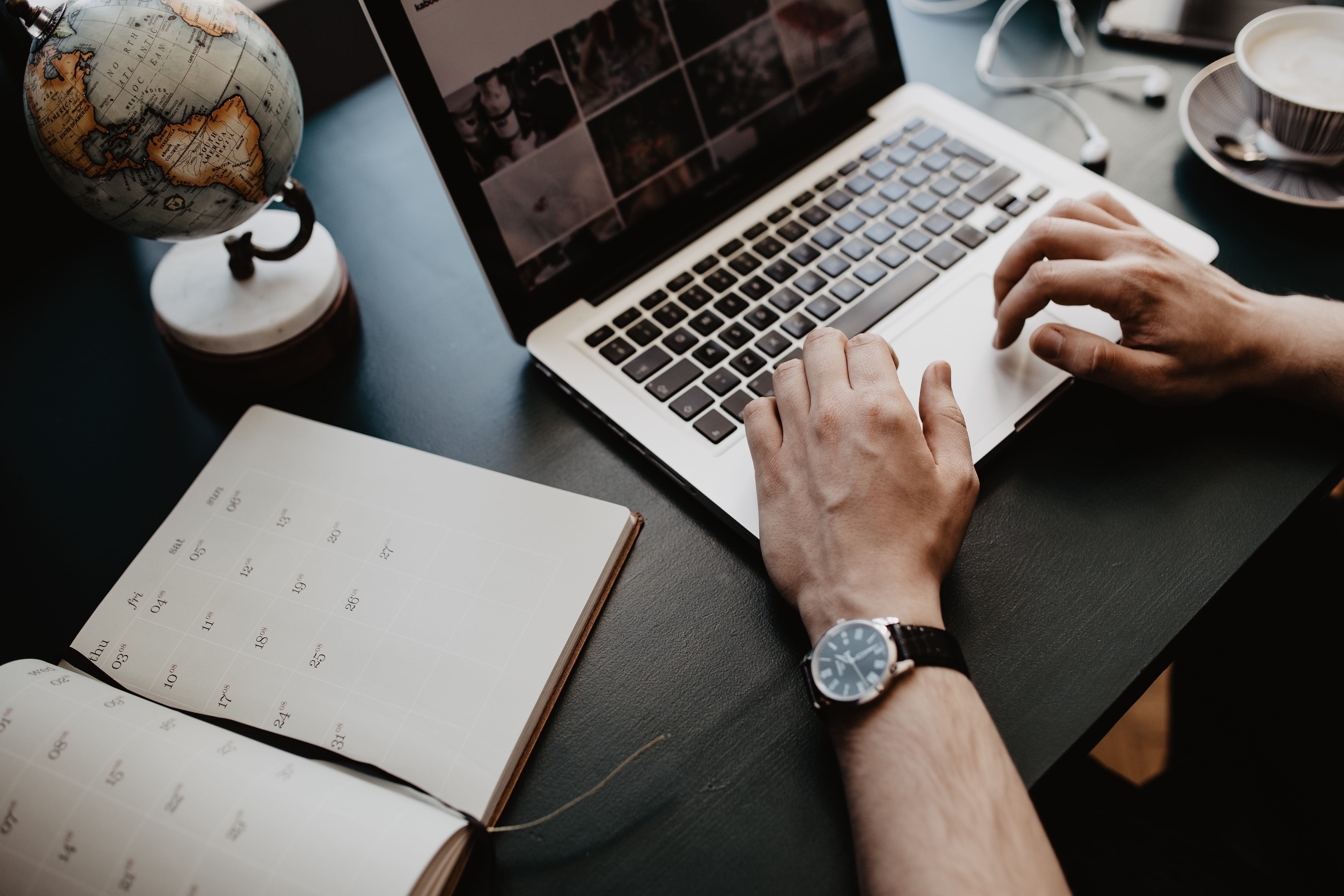 technology, human body part, table, cup of coffee, cappucino, adult, coffee, connection, working, cafe, home office, indoors, desk, work, 5K, wristwatch, HD Wallpaper