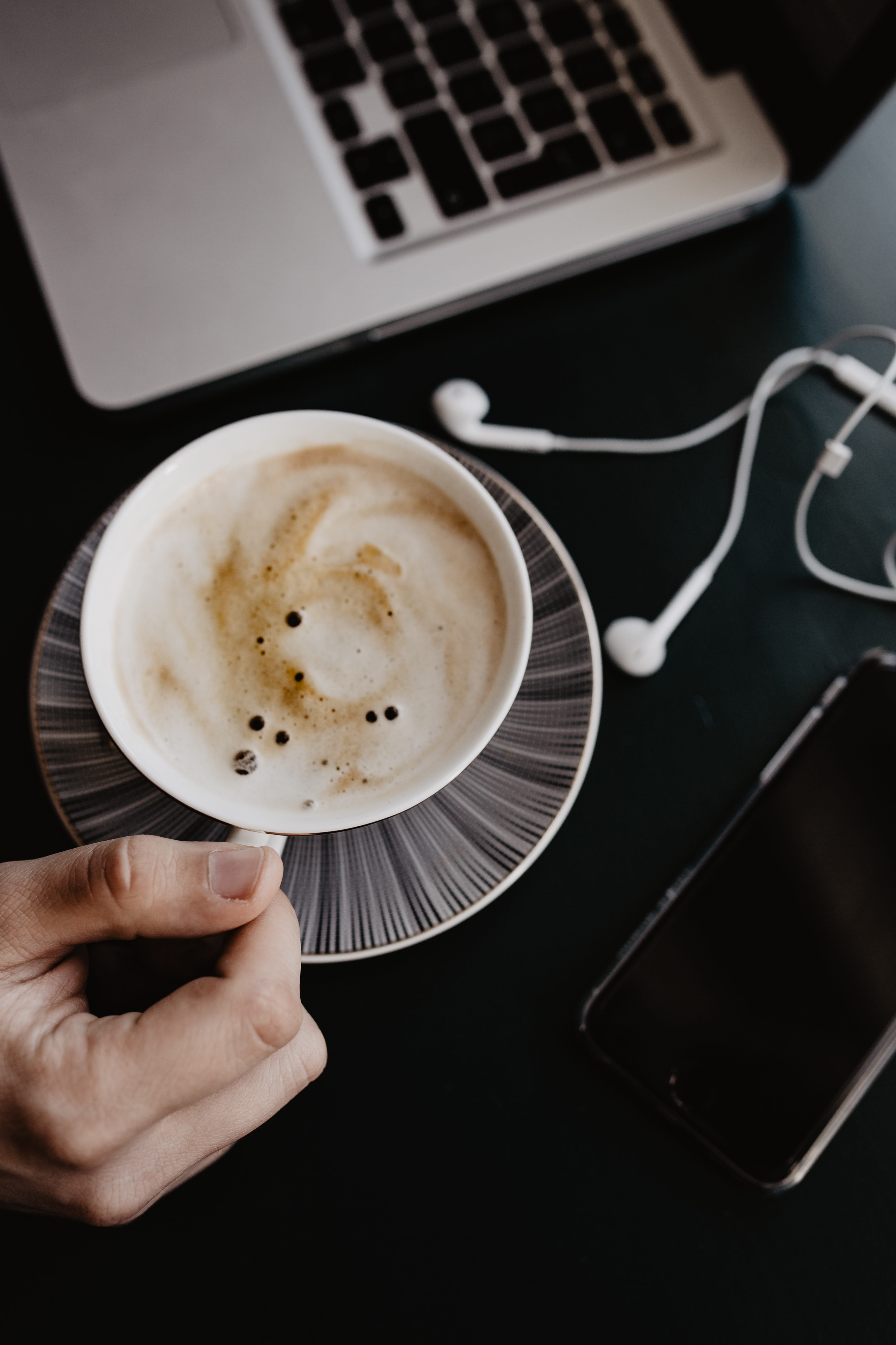 coffee cup, finger, indoors, communication, man, mug, male, cafe, cup, cup of coffee, crockery, drink, table, laptop, home office, 5K, computer, food and drink, Phone HD Wallpaper