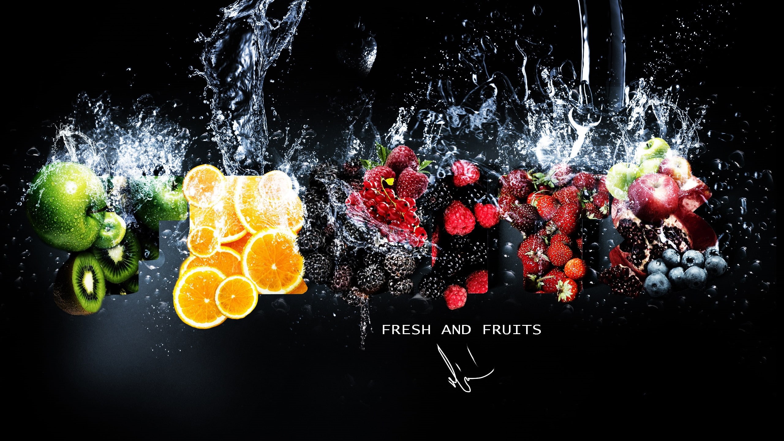 fruits, 2K, fresh, apples, water, kiwi, blueberries, berries, limes, HD Wallpaper