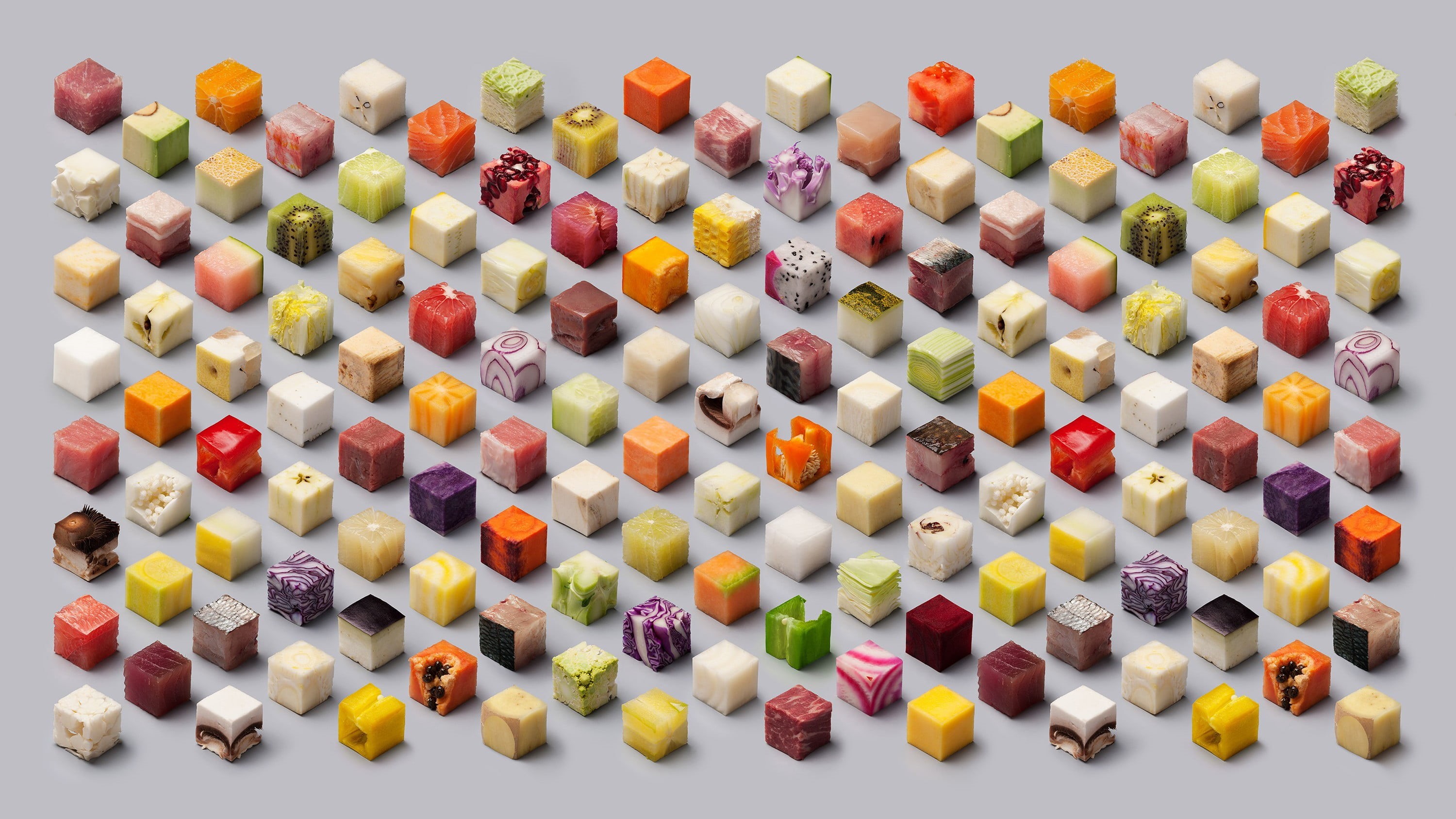 melons, unhealthy eating, high angle view, food cubes, simple background, close-up, variation, 2K, sweet, geometry, lettuce, studio shot, orange (fruit), HD Wallpaper
