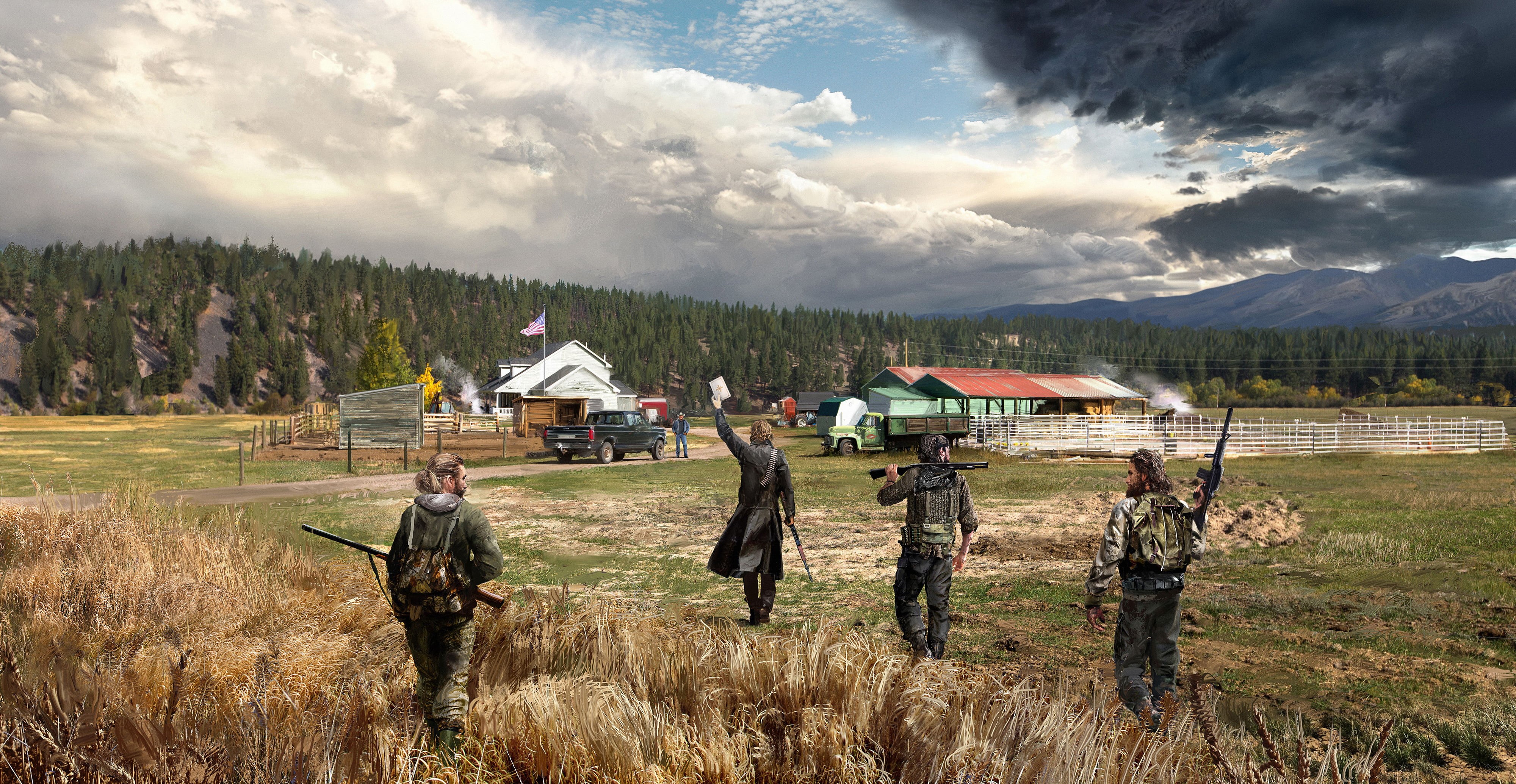 landscape, group of people, Far Cry 5, Ubisoft, outdoors, nature, men, armed forces, environment, land, USA, Far Cry, field, gun, video games, government, HD Wallpaper
