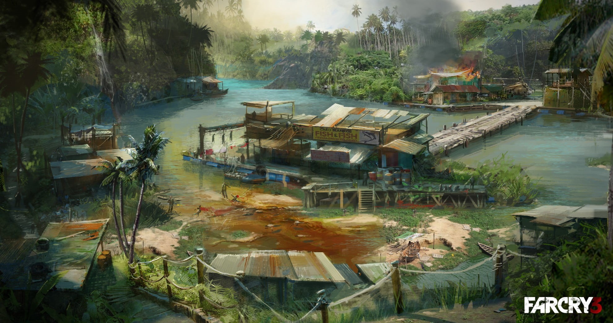 artwork, beauty in nature, nature, farcry, Far Cry 3, river, floating on water, day, building exterior, plant, built structure, Far Cry, transportation, HD Wallpaper