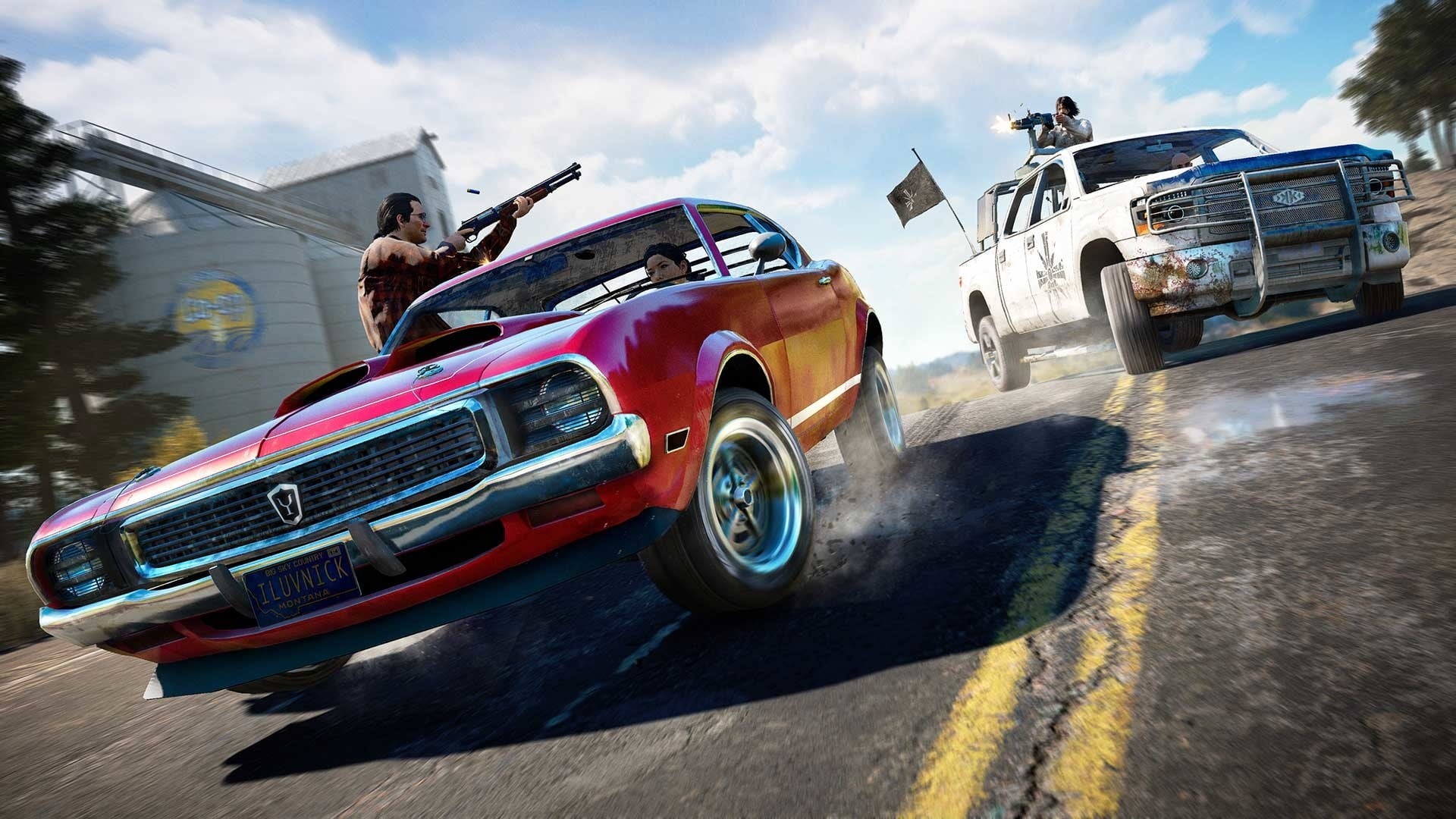 transportation, Games posters, outdoors, road trip, road, motion, PC gaming, Far Cry 5, men, cloud - sky, car, land vehicle, adult, sunlight, vintage car, HD Wallpaper