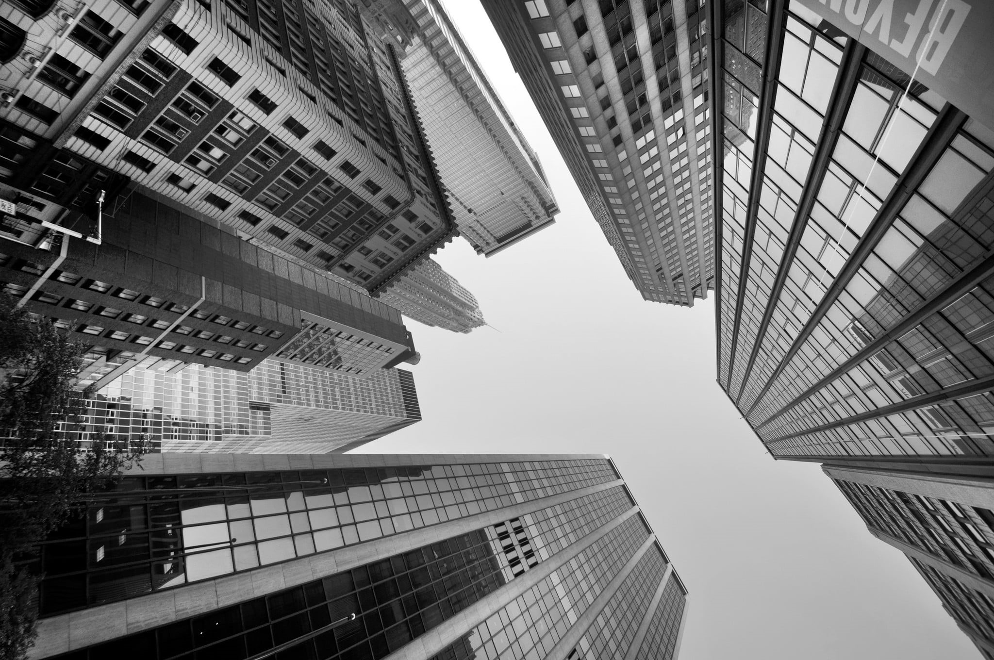 worms eye view, building exterior, city, modern, tower, day, built structure, monochrome, buildings, office, no people, sky, gray, 1080P, business, nature, HD Wallpaper