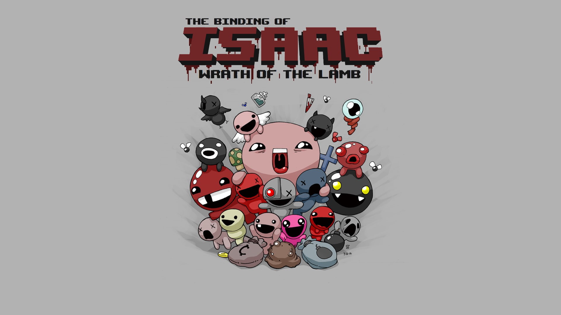 shape, studio shot, western script, indoors, close-up, no people, copy space, animal themes, The Binding of Isaac, red, multi colored, text, large group of objects, HD Wallpaper