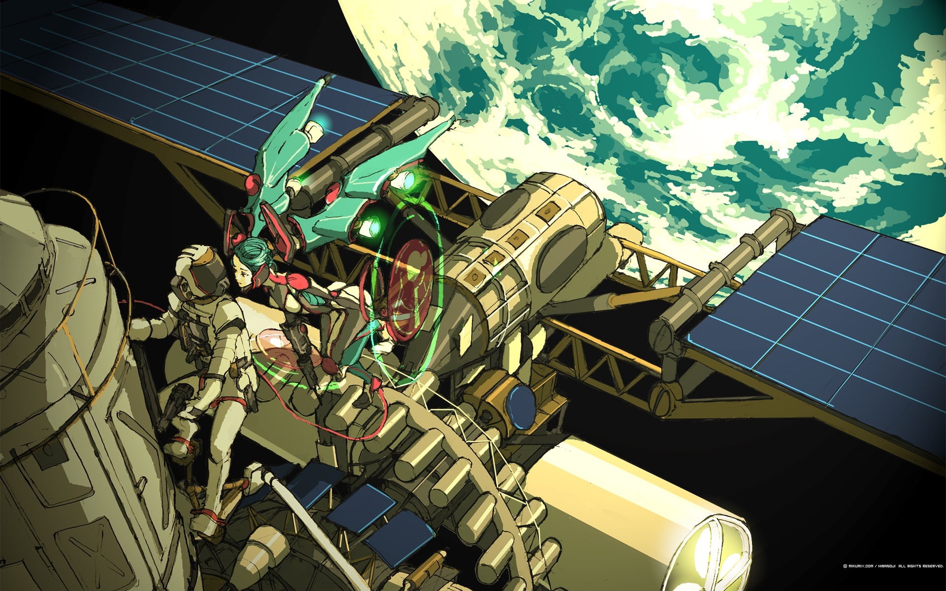 twintails, Vocaloid, space, long hair, 1080P, anime, Hatsune Miku, anime girls, planet, science fiction, aqua hair, robot, space station, HD Wallpaper