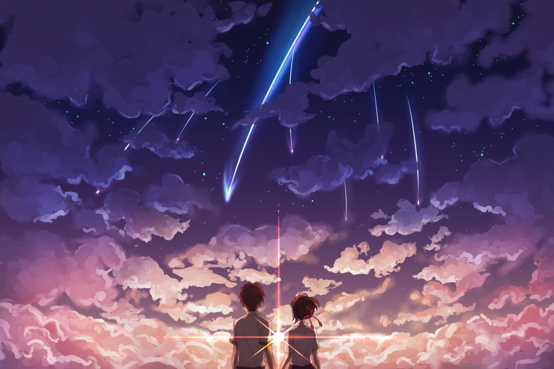 Taki Tachibana, men, women, cloudscape, moon, silhouette, two, Kimi No Na Wa., real people, space, religion, illuminated, love, light - Natural Phenomenon, HD Wallpaper