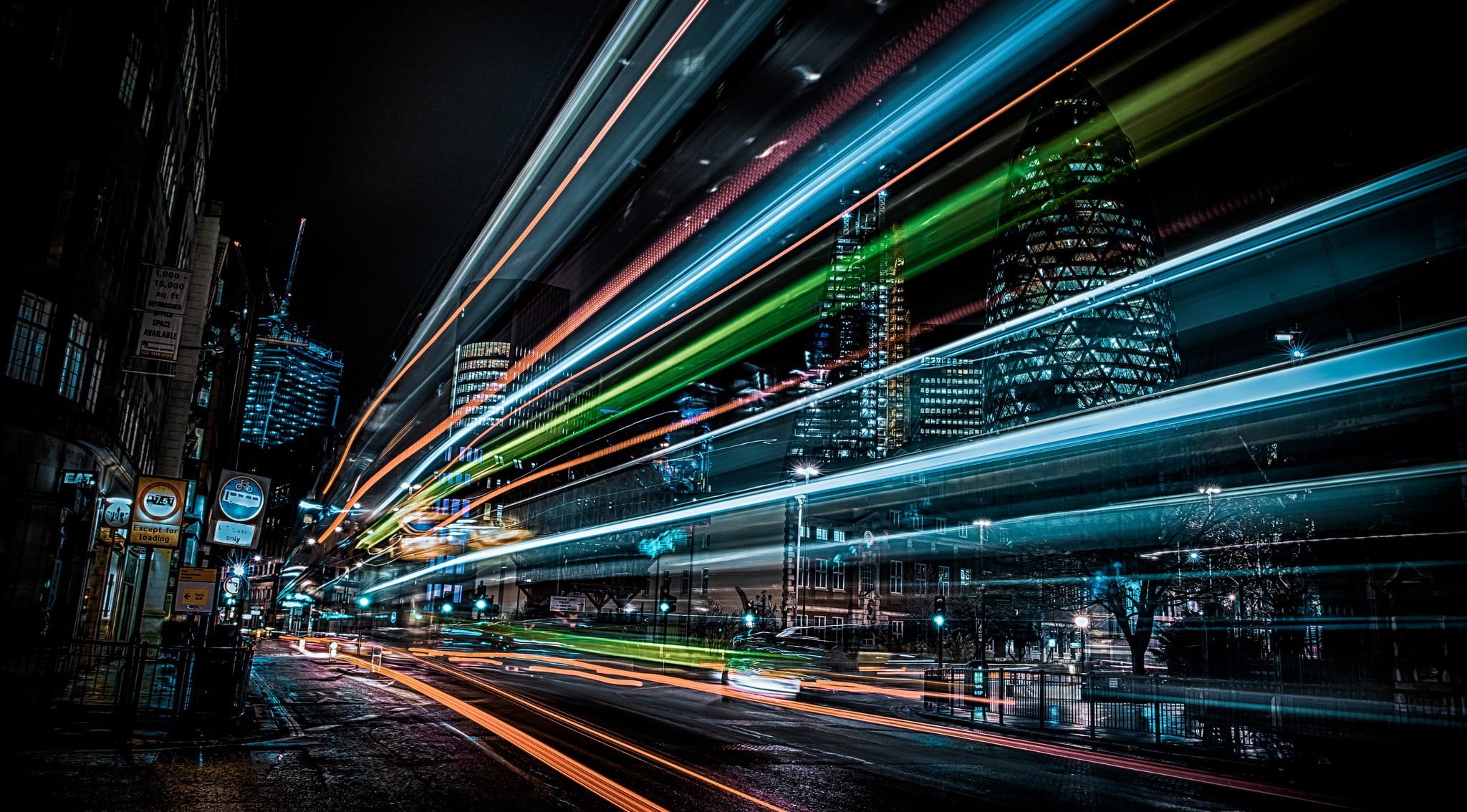 transportation, building exterior, cityscape, night, speed, city street, building, London, England, no people, brown, light trails, nightlife, 1080P, dark, HD Wallpaper