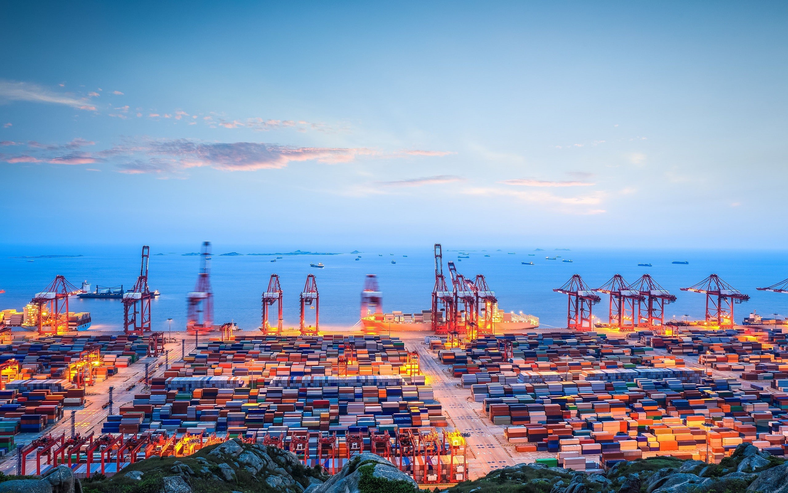 container ship, ship, clouds, ports, 2K, sea, container, dock, HD Wallpaper