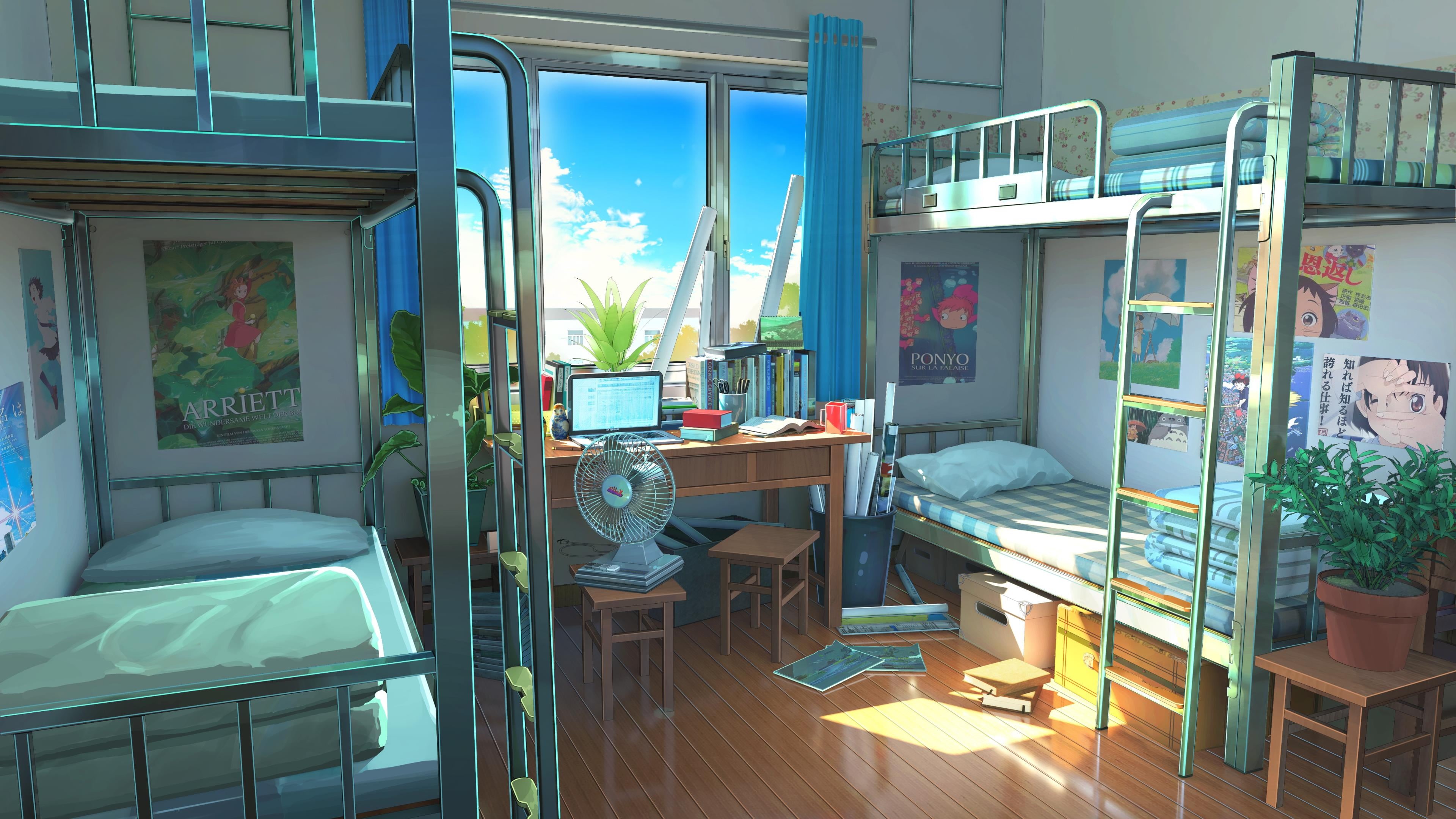 artwork, digital, plants, LoFi, Japanese, bed, 4K, laptop, window, studying, manga, digital art, HD Wallpaper